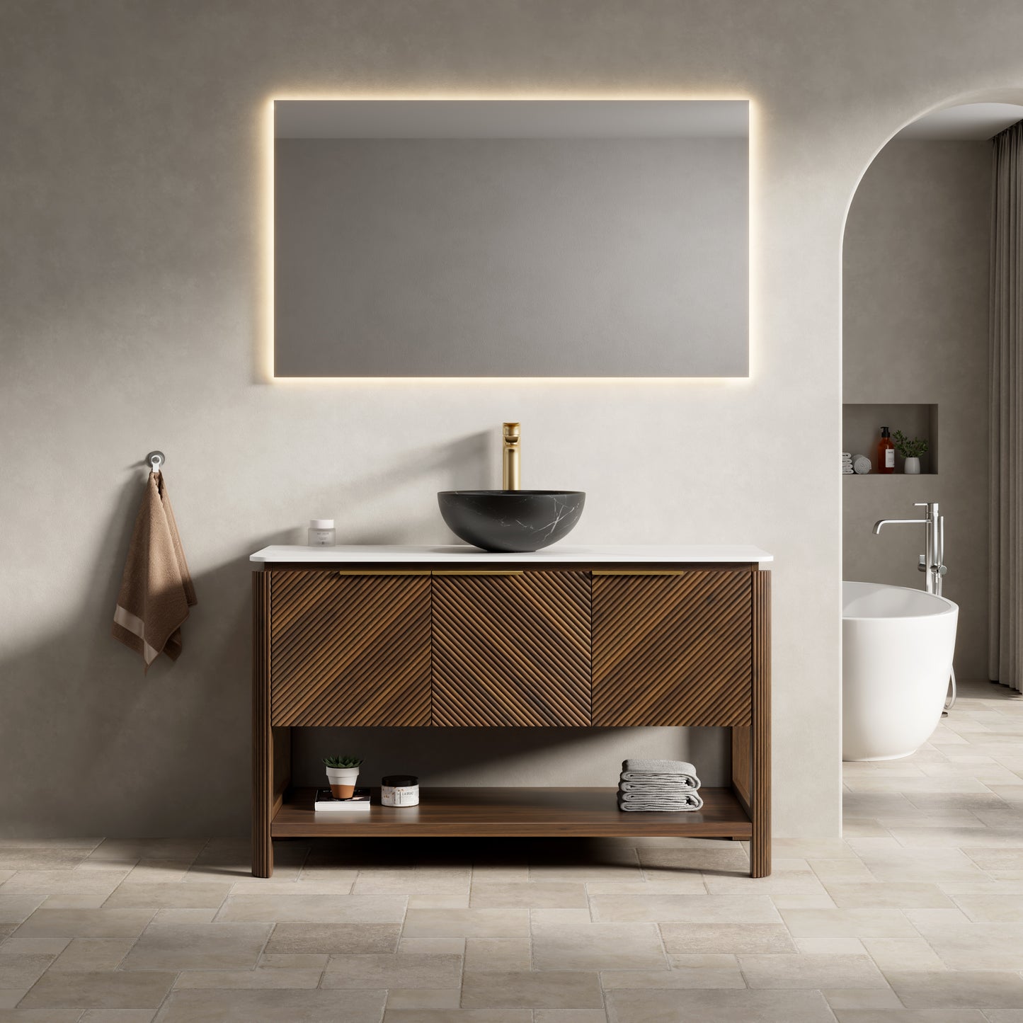 INDIGO 36" Bathroom Vanity&Sink, Freestanding Plywood Storage Cabinet with 2 Diagonal Doors&Open Shelf, Black Stone Pattern Ceramic Basin&Carrara White Sintered Stone Top, Dark Walnut Woodgrain