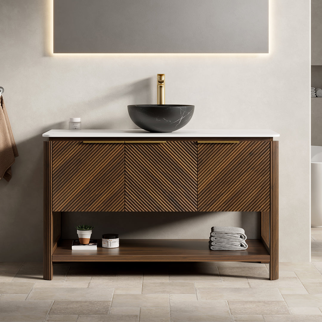 INDIGO 36" Bathroom Vanity&Sink, Freestanding Plywood Storage Cabinet with 2 Diagonal Doors&Open Shelf, Black Stone Pattern Ceramic Basin&Carrara White Sintered Stone Top, Dark Walnut Woodgrain