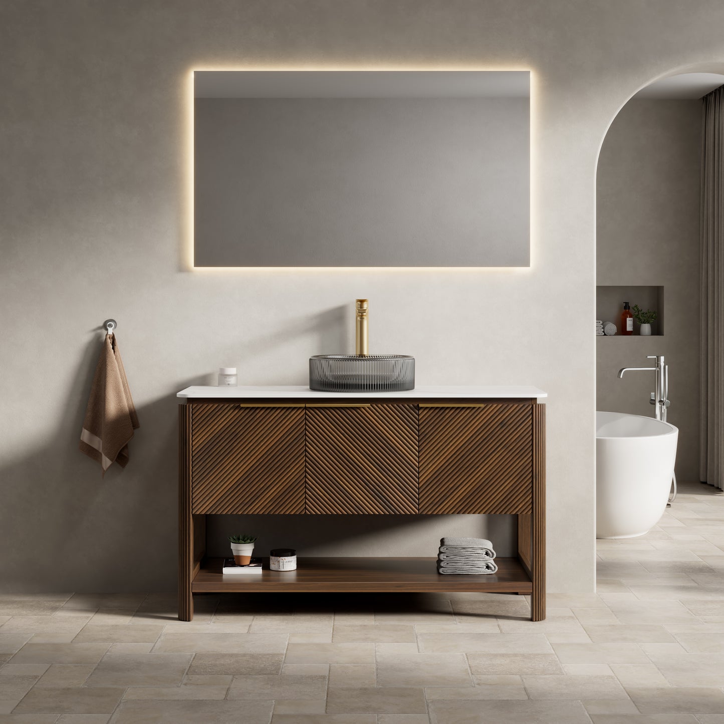INDIGO 36" Bathroom Vanity&Sink, Freestanding Plywood Storage Cabinet with 2 Diagonal Striped Doors&Open Shelf, Black Transport Glass Basin&Carrara White Sintered Stone Top, Dark Walnut Woodgrain