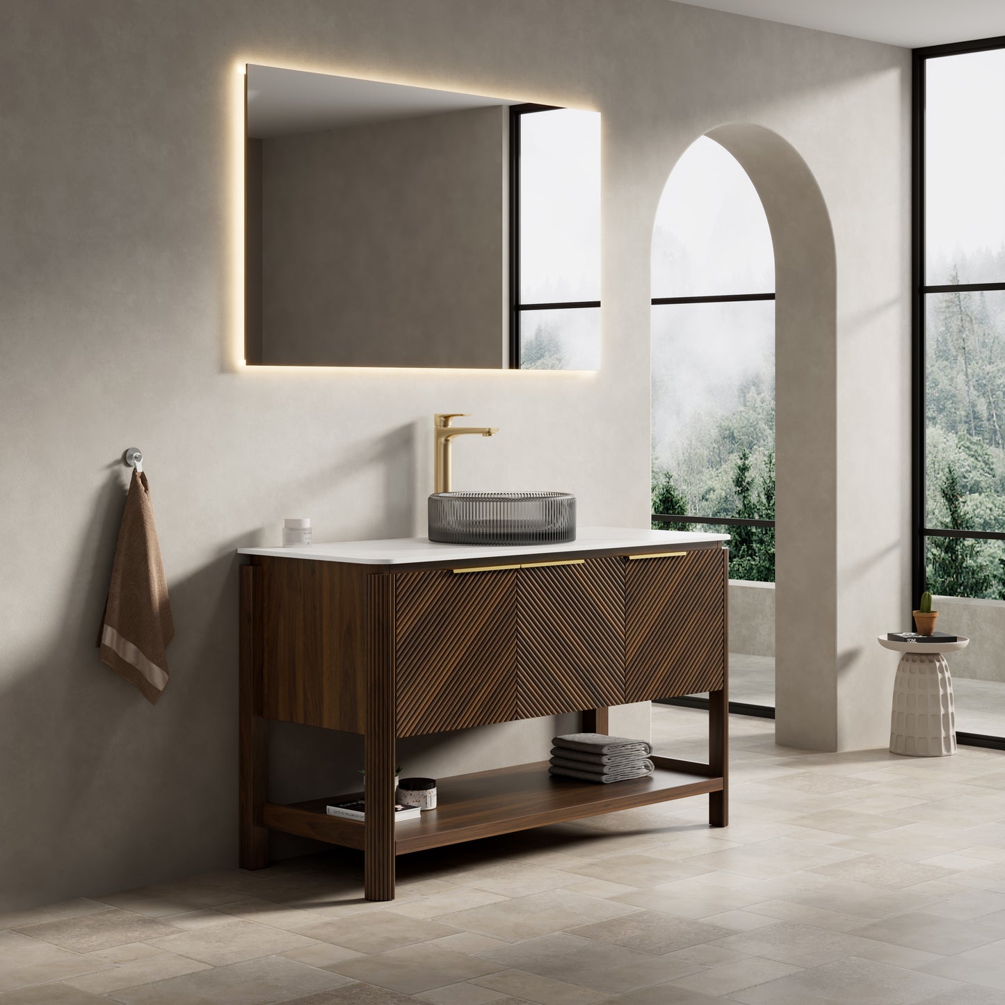 INDIGO 36" Bathroom Vanity&Sink, Freestanding Plywood Storage Cabinet with 2 Diagonal Striped Doors&Open Shelf, Black Transport Glass Basin&Carrara White Sintered Stone Top, Dark Walnut Woodgrain