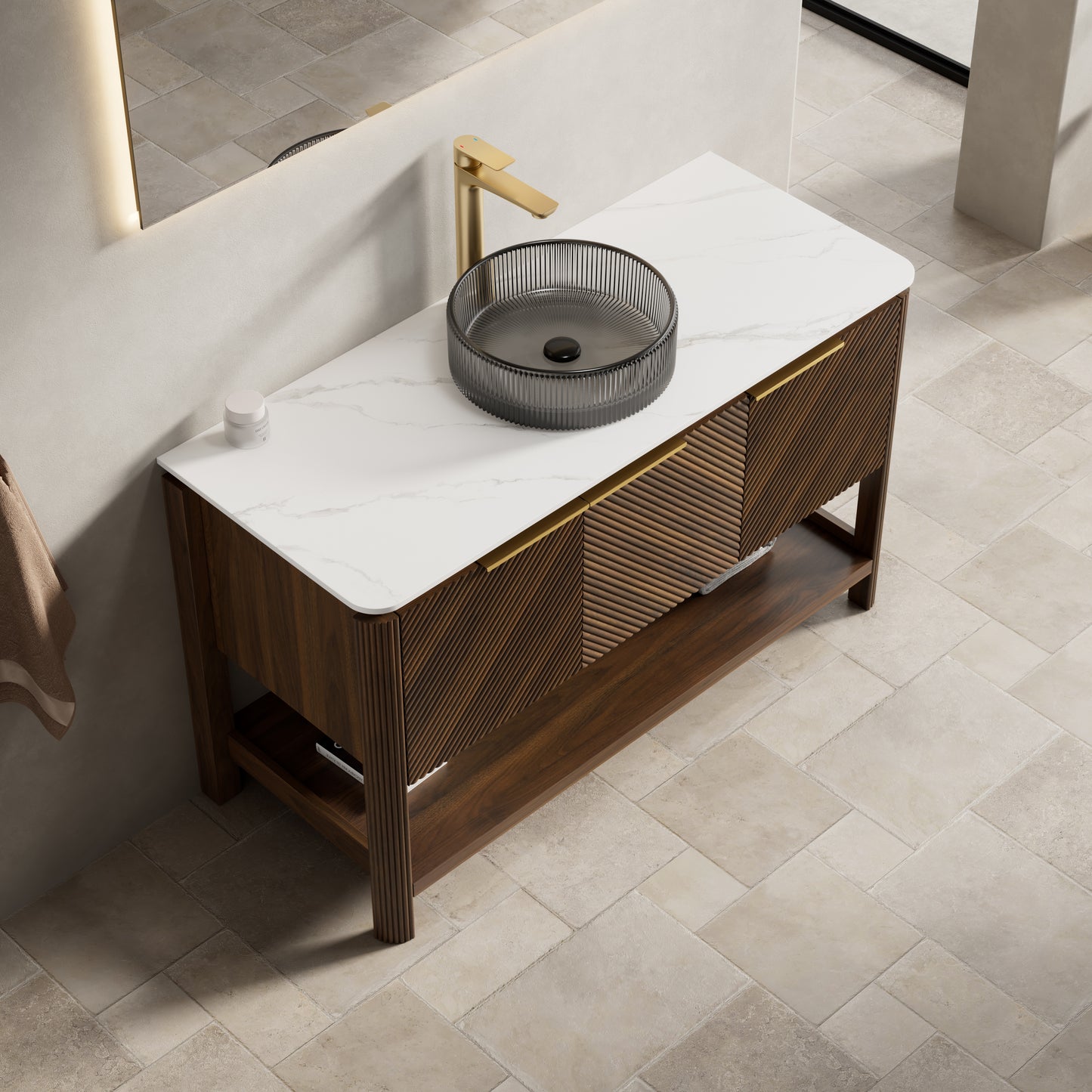 INDIGO 36" Bathroom Vanity&Sink, Freestanding Plywood Storage Cabinet with 2 Diagonal Striped Doors&Open Shelf, Black Transport Glass Basin&Carrara White Sintered Stone Top, Dark Walnut Woodgrain