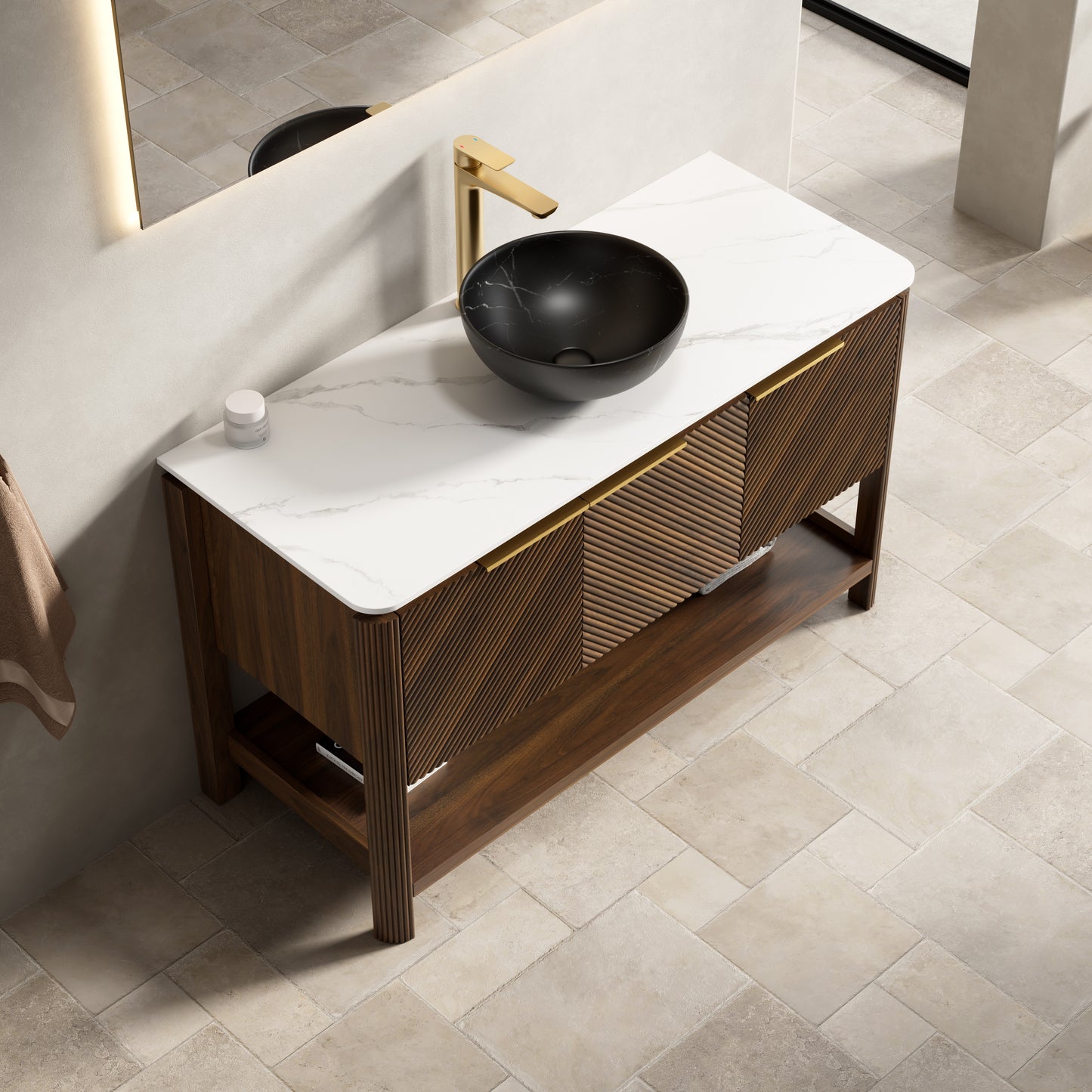 INDIGO 36" Bathroom Vanity&Sink, Freestanding Plywood Storage Cabinet with 2 Diagonal Doors&Open Shelf, Black Stone Pattern Ceramic Basin&Carrara White Sintered Stone Top, Dark Walnut Woodgrain