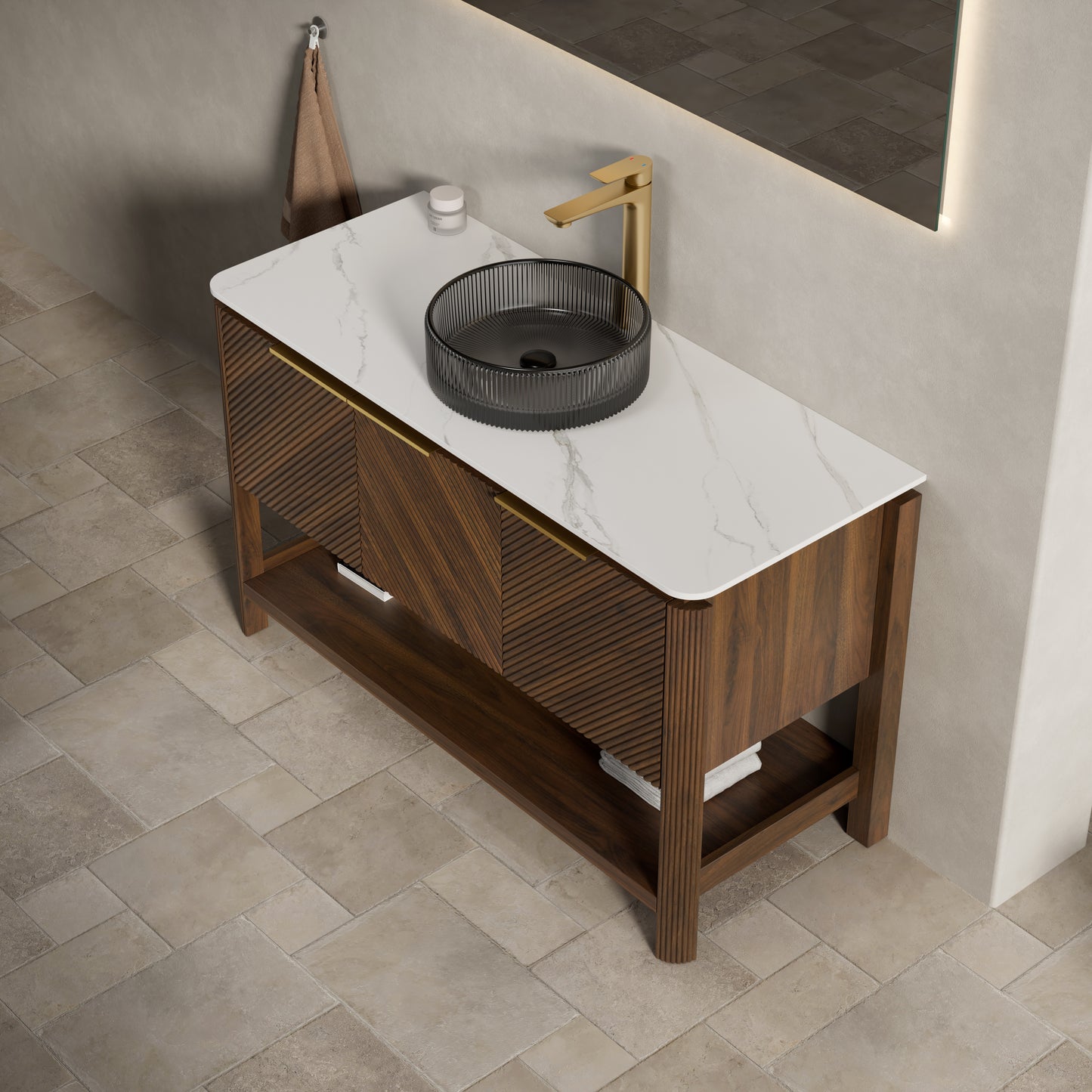 INDIGO 36" Bathroom Vanity&Sink, Freestanding Plywood Storage Cabinet with 2 Diagonal Striped Doors&Open Shelf, Black Transport Glass Basin&Carrara White Sintered Stone Top, Dark Walnut Woodgrain