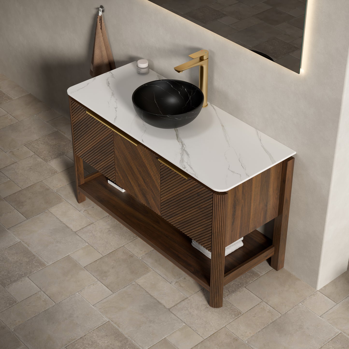 INDIGO 36" Bathroom Vanity&Sink, Freestanding Plywood Storage Cabinet with 2 Diagonal Doors&Open Shelf, Black Stone Pattern Ceramic Basin&Carrara White Sintered Stone Top, Dark Walnut Woodgrain