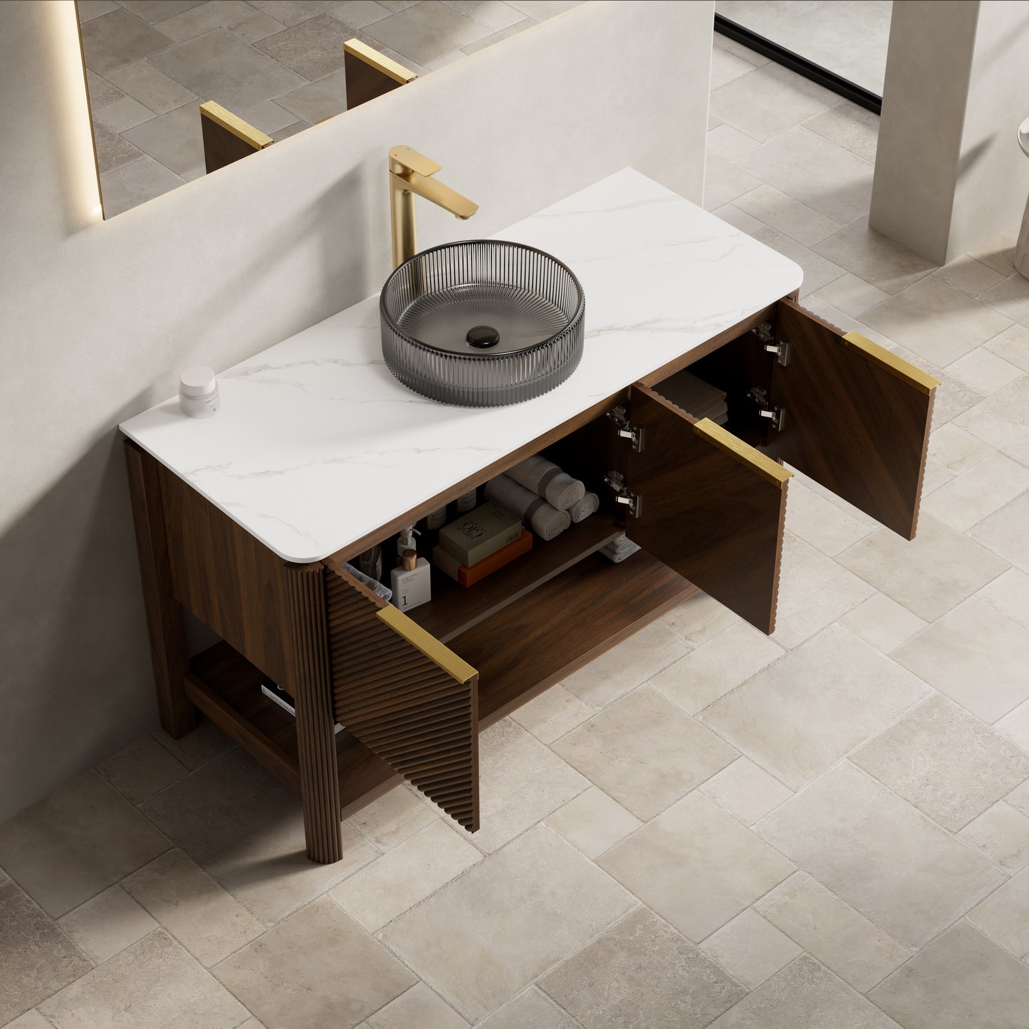 INDIGO 36" Bathroom Vanity&Sink, Freestanding Plywood Storage Cabinet with 2 Diagonal Striped Doors&Open Shelf, Black Transport Glass Basin&Carrara White Sintered Stone Top, Dark Walnut Woodgrain