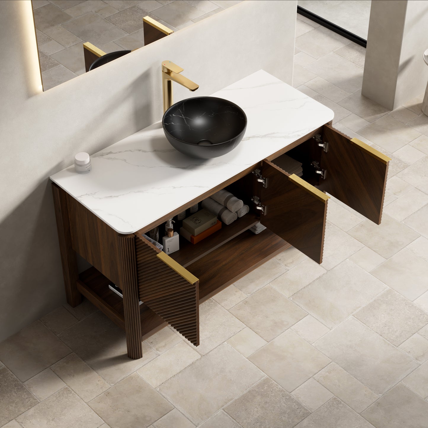 INDIGO 36" Bathroom Vanity&Sink, Freestanding Plywood Storage Cabinet with 2 Diagonal Doors&Open Shelf, Black Stone Pattern Ceramic Basin&Carrara White Sintered Stone Top, Dark Walnut Woodgrain