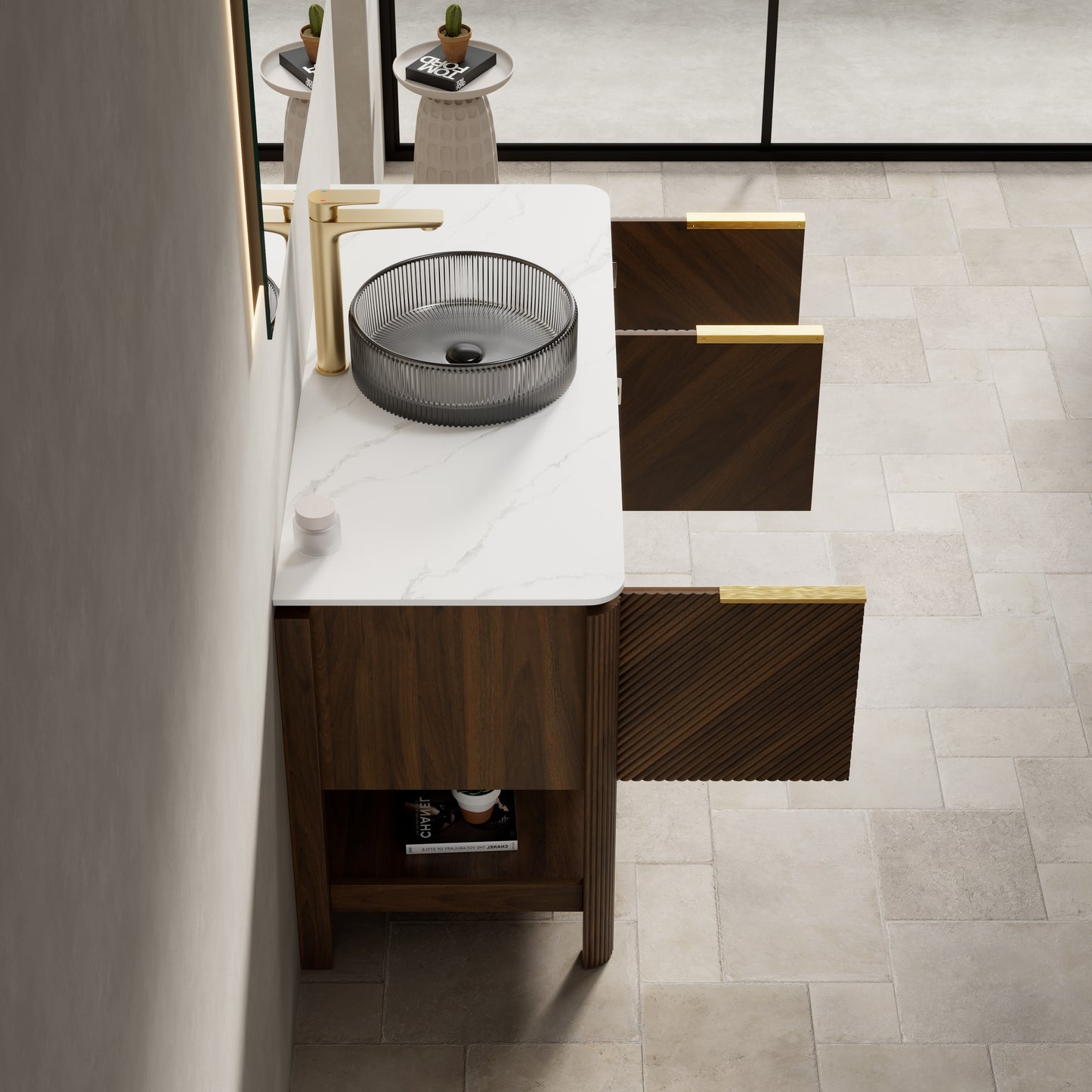 INDIGO 36" Bathroom Vanity&Sink, Freestanding Plywood Storage Cabinet with 2 Diagonal Striped Doors&Open Shelf, Black Transport Glass Basin&Carrara White Sintered Stone Top, Dark Walnut Woodgrain