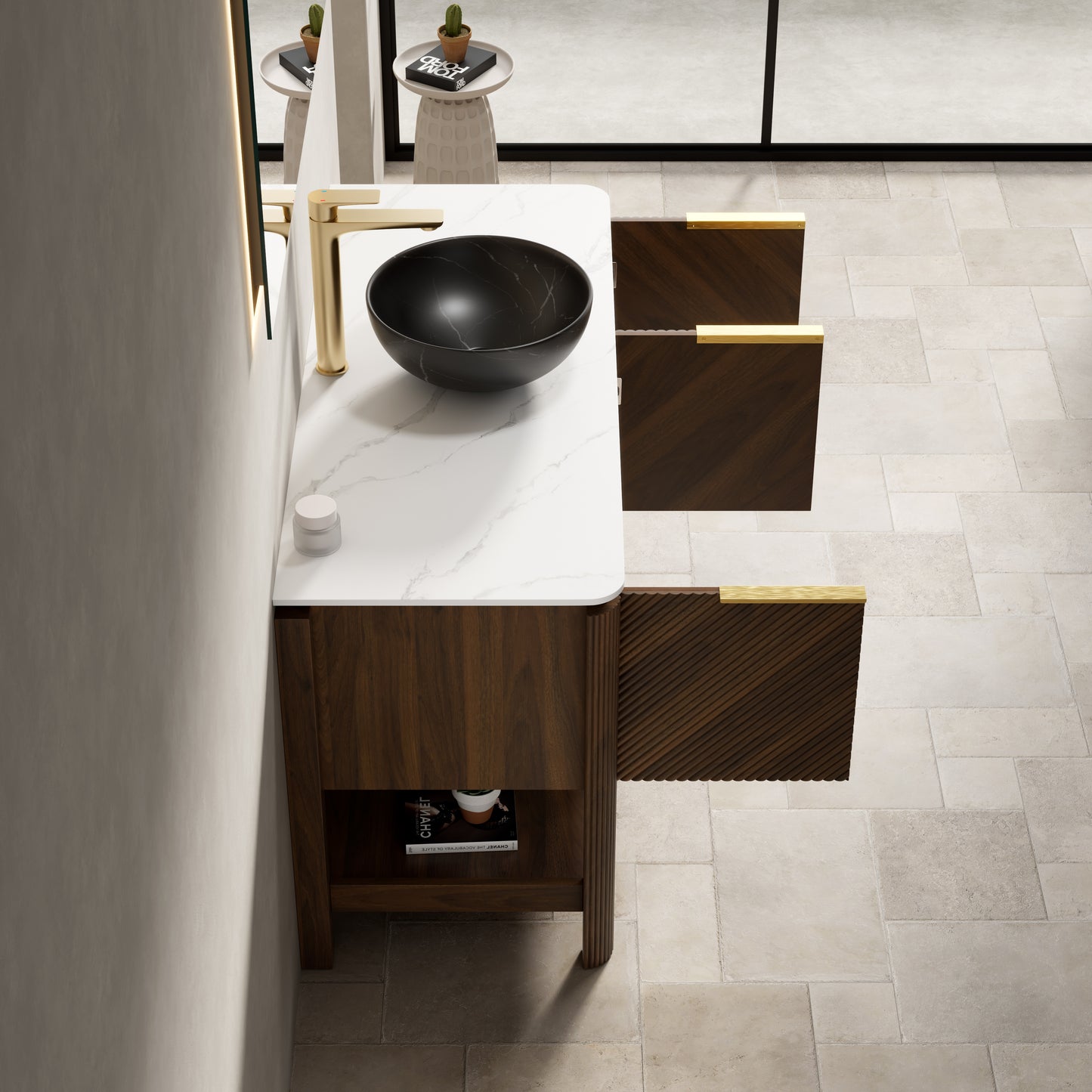 INDIGO 36" Bathroom Vanity&Sink, Freestanding Plywood Storage Cabinet with 2 Diagonal Doors&Open Shelf, Black Stone Pattern Ceramic Basin&Carrara White Sintered Stone Top, Dark Walnut Woodgrain