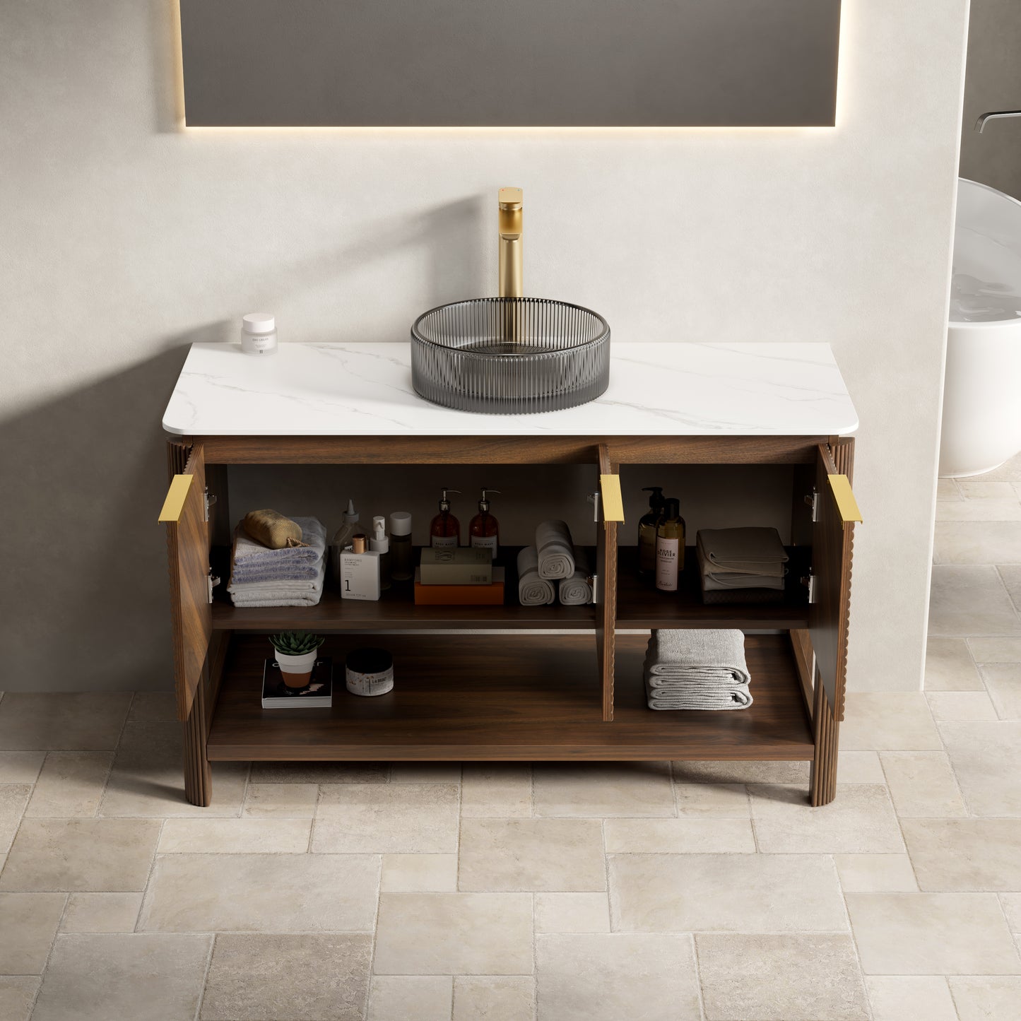 INDIGO 36" Bathroom Vanity&Sink, Freestanding Plywood Storage Cabinet with 2 Diagonal Striped Doors&Open Shelf, Black Transport Glass Basin&Carrara White Sintered Stone Top, Dark Walnut Woodgrain
