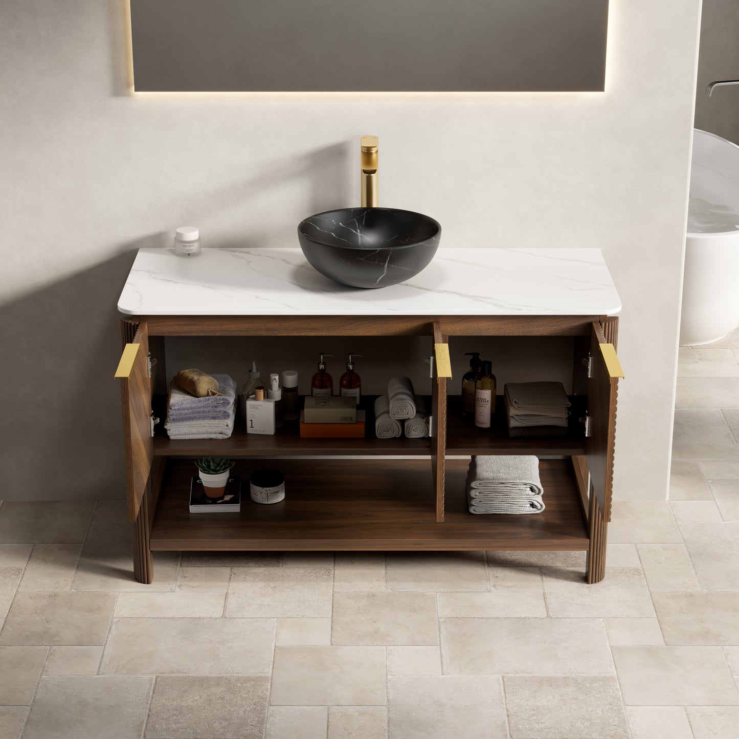 INDIGO 36" Bathroom Vanity&Sink, Freestanding Plywood Storage Cabinet with 2 Diagonal Doors&Open Shelf, Black Stone Pattern Ceramic Basin&Carrara White Sintered Stone Top, Dark Walnut Woodgrain