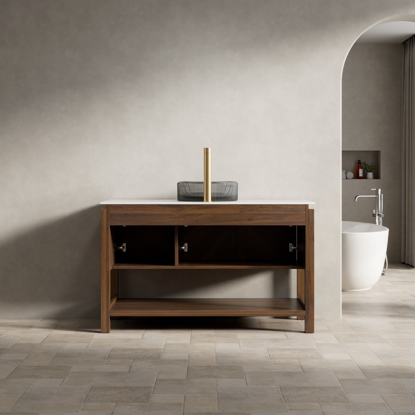 INDIGO 36" Bathroom Vanity&Sink, Freestanding Plywood Storage Cabinet with 2 Diagonal Striped Doors&Open Shelf, Black Transport Glass Basin&Carrara White Sintered Stone Top, Dark Walnut Woodgrain