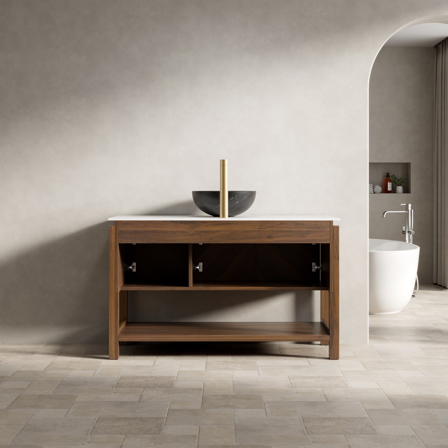 INDIGO 36" Bathroom Vanity&Sink, Freestanding Plywood Storage Cabinet with 2 Diagonal Doors&Open Shelf, Black Stone Pattern Ceramic Basin&Carrara White Sintered Stone Top, Dark Walnut Woodgrain