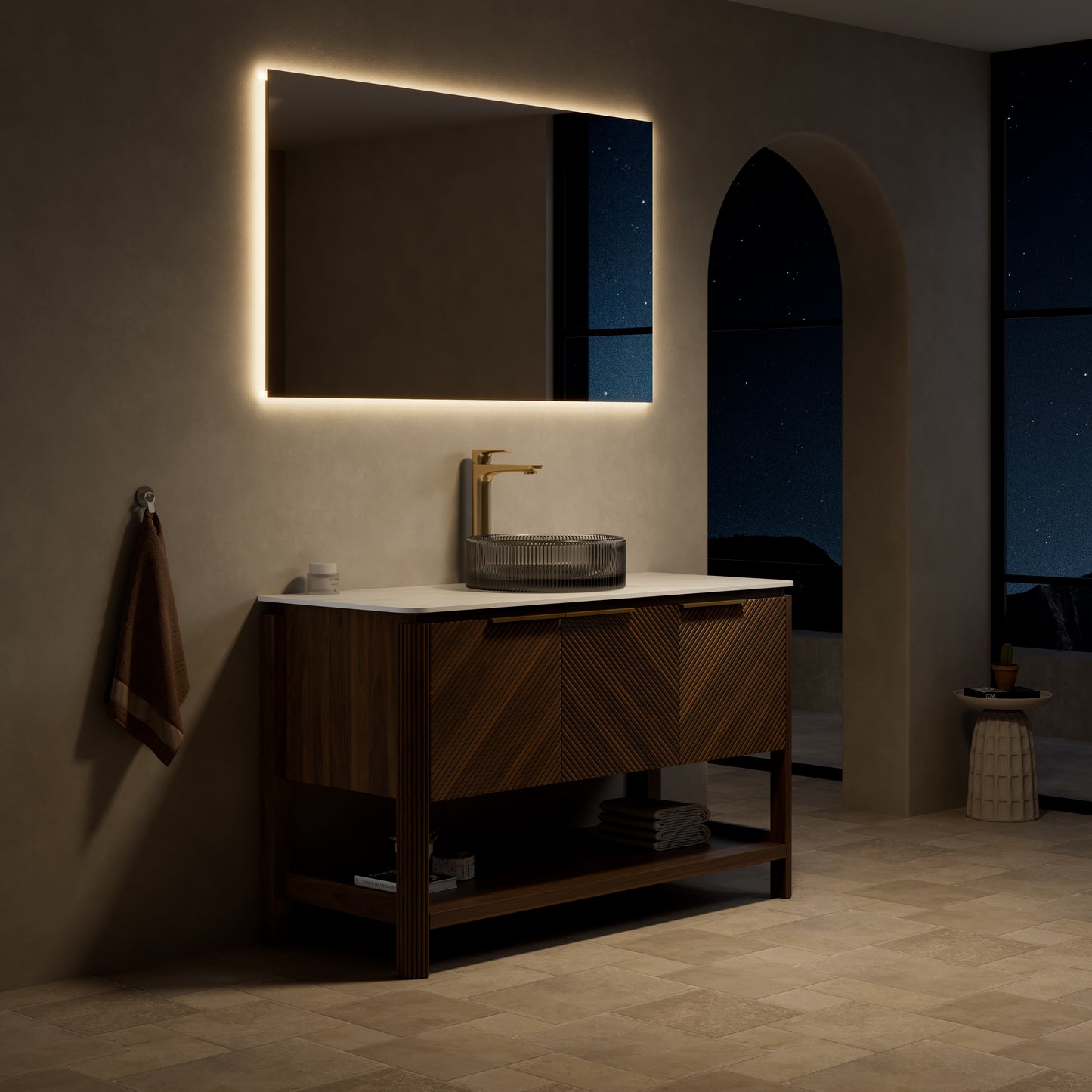 INDIGO 36" Bathroom Vanity&Sink, Freestanding Plywood Storage Cabinet with 2 Diagonal Striped Doors&Open Shelf, Black Transport Glass Basin&Carrara White Sintered Stone Top, Dark Walnut Woodgrain