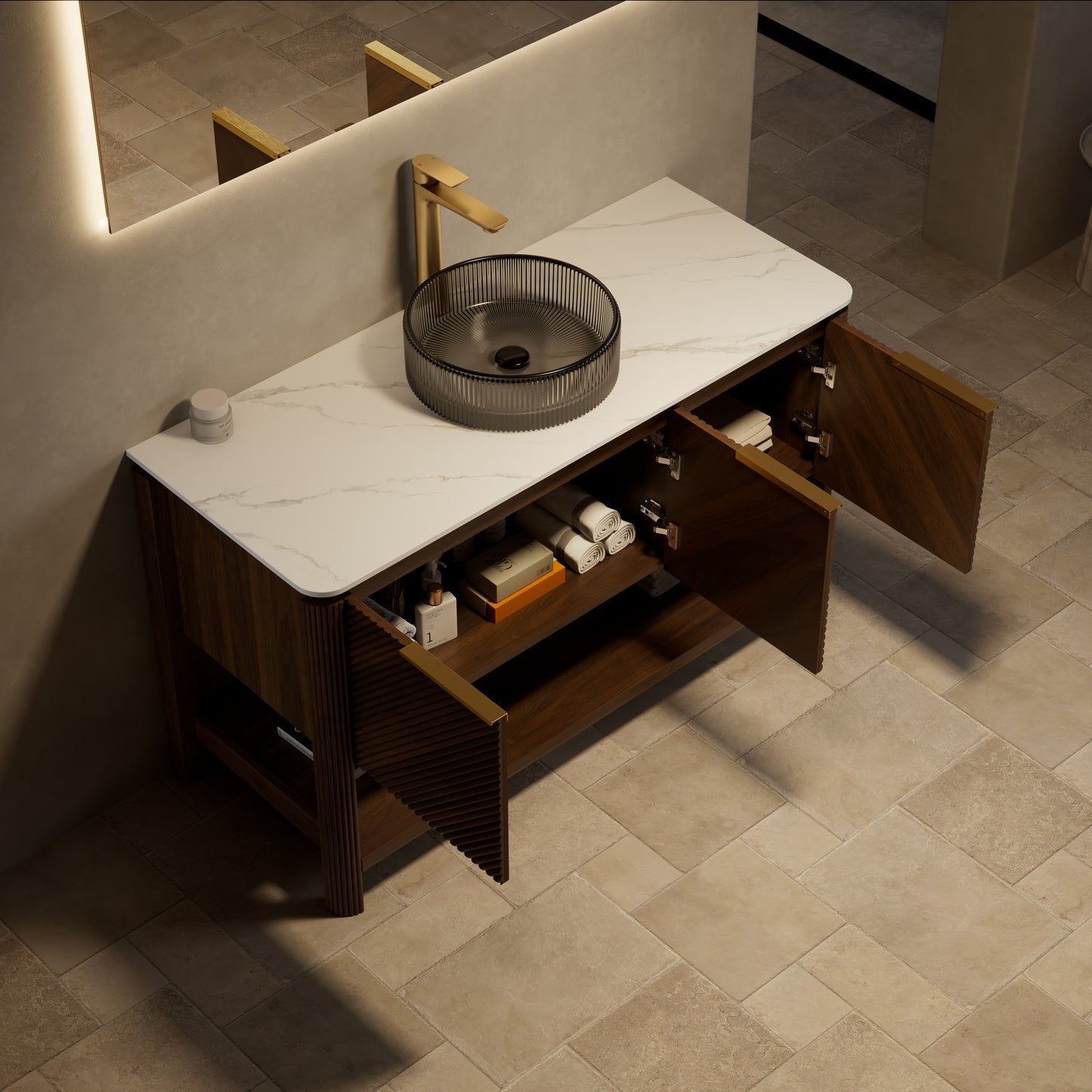INDIGO 36" Bathroom Vanity&Sink, Freestanding Plywood Storage Cabinet with 2 Diagonal Striped Doors&Open Shelf, Black Transport Glass Basin&Carrara White Sintered Stone Top, Dark Walnut Woodgrain