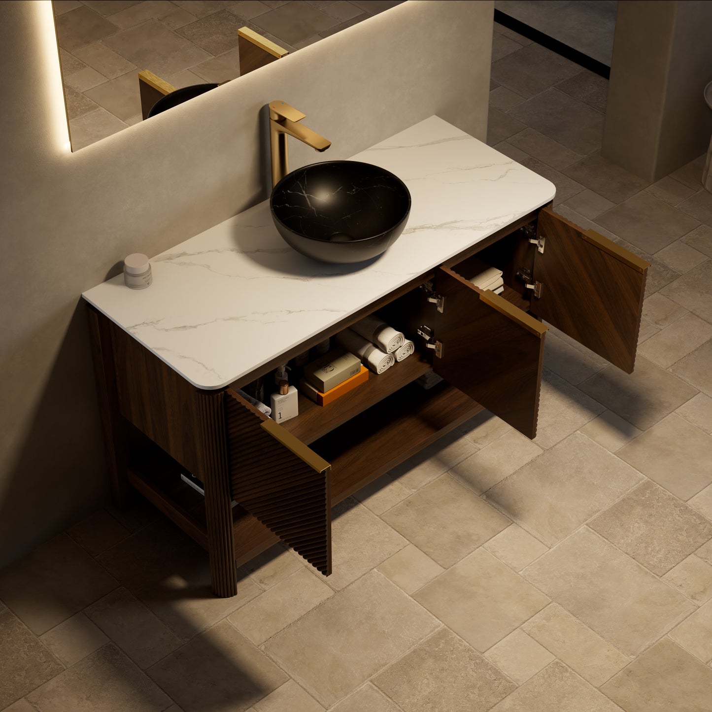 INDIGO 36" Bathroom Vanity&Sink, Freestanding Plywood Storage Cabinet with 2 Diagonal Doors&Open Shelf, Black Stone Pattern Ceramic Basin&Carrara White Sintered Stone Top, Dark Walnut Woodgrain