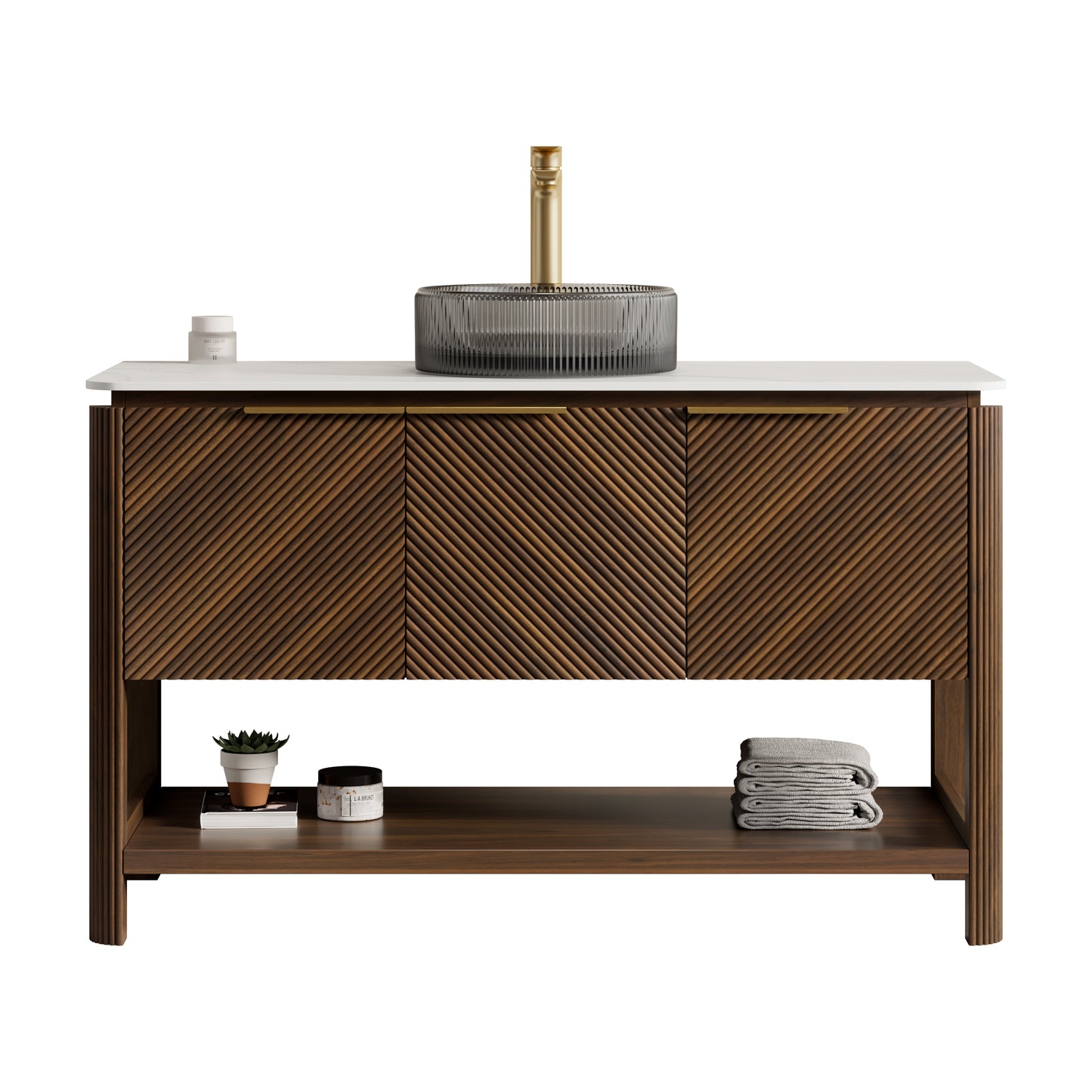 INDIGO 36" Bathroom Vanity&Sink, Freestanding Plywood Storage Cabinet with 2 Diagonal Striped Doors&Open Shelf, Black Transport Glass Basin&Carrara White Sintered Stone Top, Dark Walnut Woodgrain