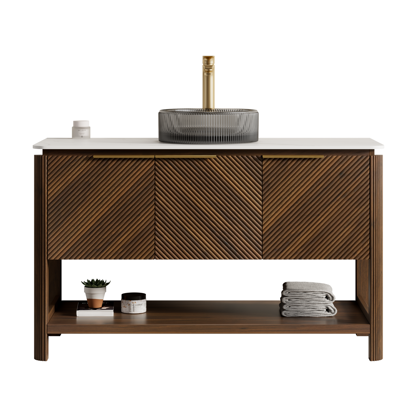 INDIGO 36" Bathroom Vanity&Sink, Freestanding Plywood Storage Cabinet with 2 Diagonal Striped Doors&Open Shelf, Black Transport Glass Basin&Carrara White Sintered Stone Top, Dark Walnut Woodgrain