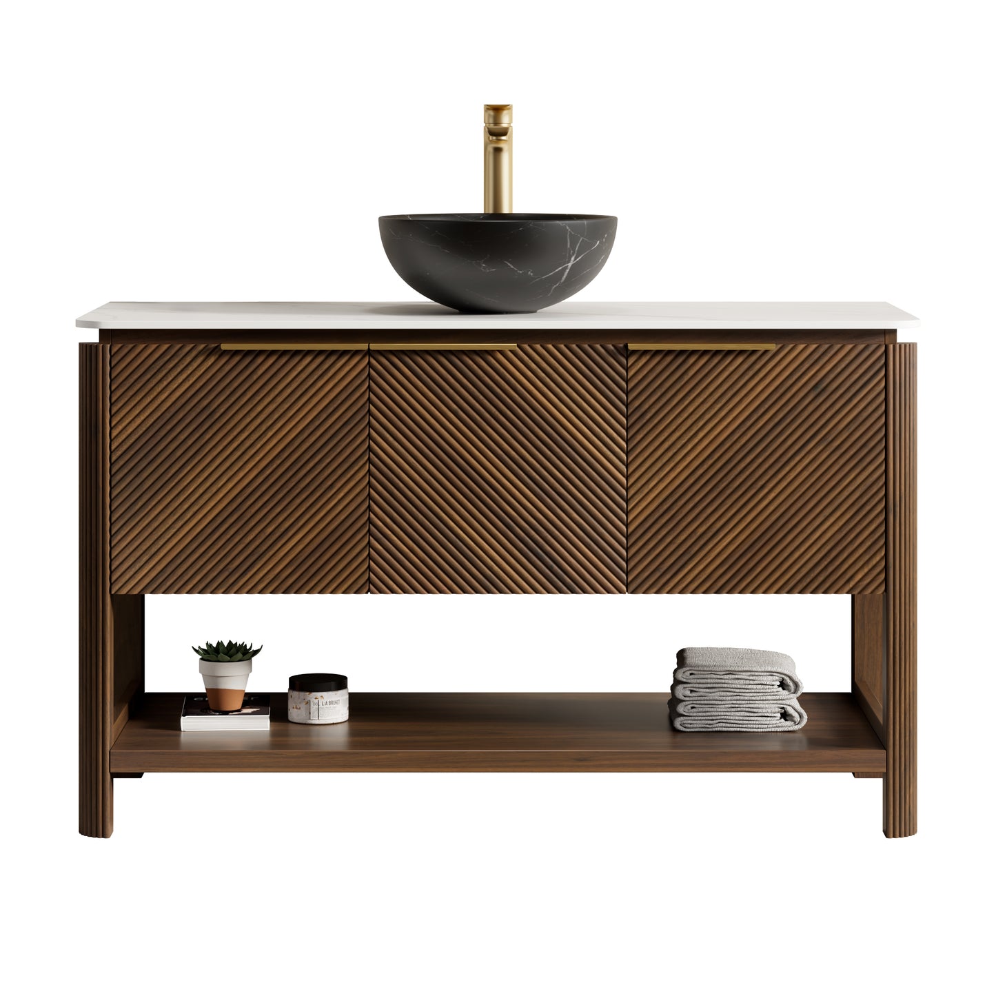 INDIGO 36" Bathroom Vanity&Sink, Freestanding Plywood Storage Cabinet with 2 Diagonal Doors&Open Shelf, Black Stone Pattern Ceramic Basin&Carrara White Sintered Stone Top, Dark Walnut Woodgrain