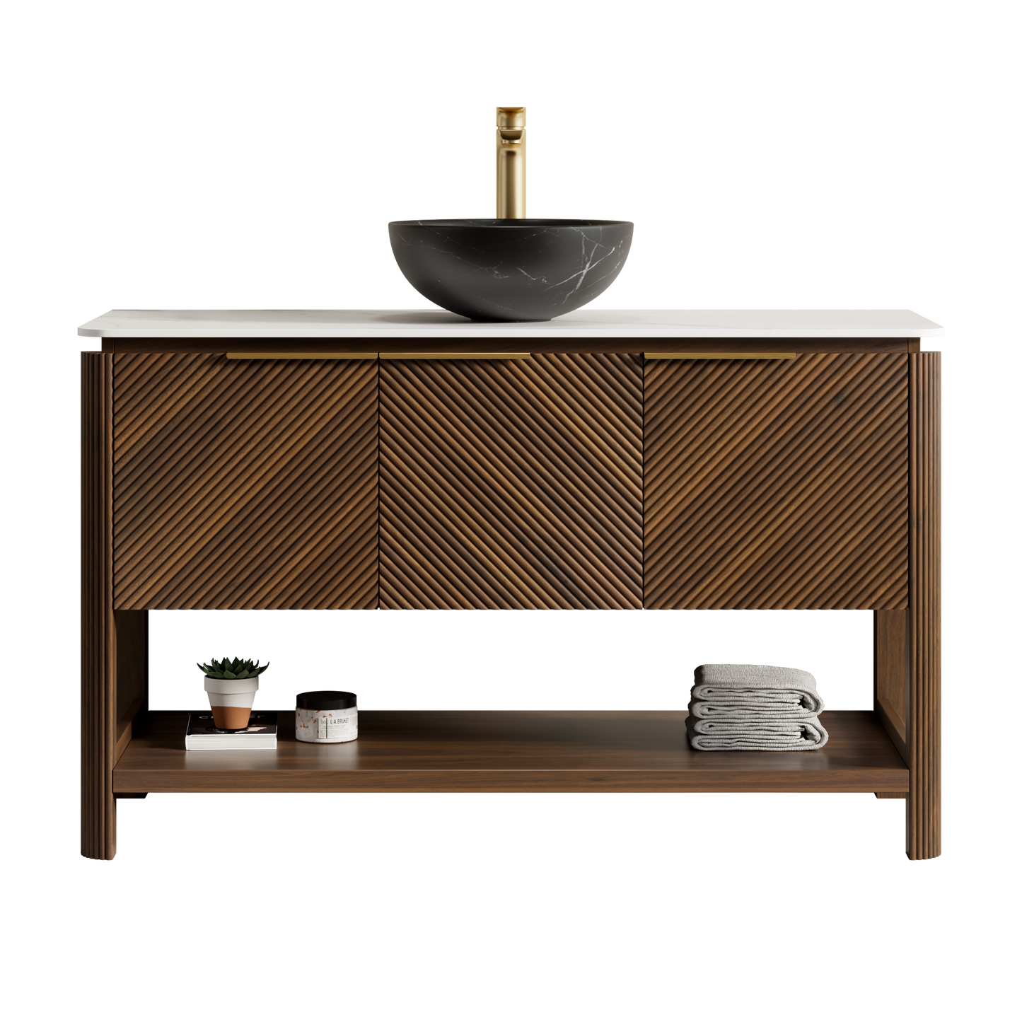 INDIGO 36" Bathroom Vanity&Sink, Freestanding Plywood Storage Cabinet with 2 Diagonal Doors&Open Shelf, Black Stone Pattern Ceramic Basin&Carrara White Sintered Stone Top, Dark Walnut Woodgrain