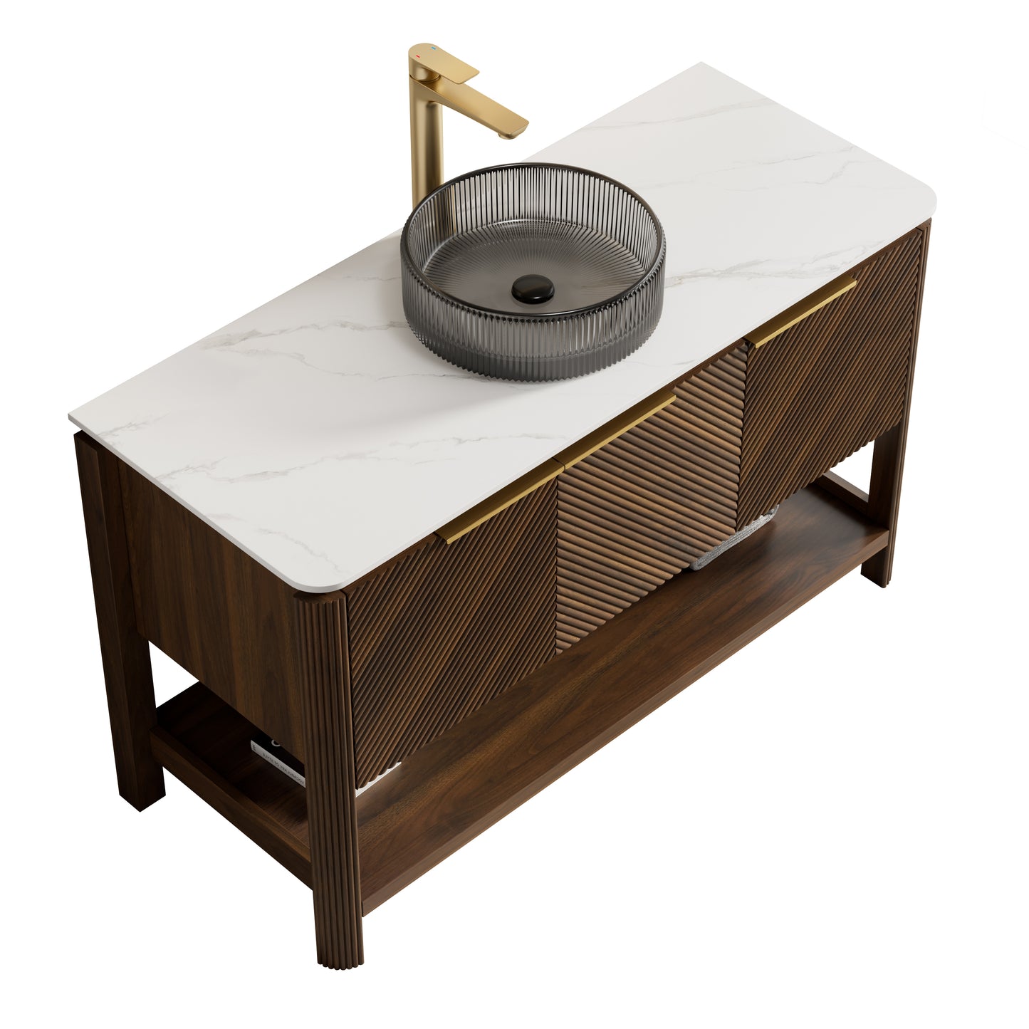 INDIGO 36" Bathroom Vanity&Sink, Freestanding Plywood Storage Cabinet with 2 Diagonal Striped Doors&Open Shelf, Black Transport Glass Basin&Carrara White Sintered Stone Top, Dark Walnut Woodgrain