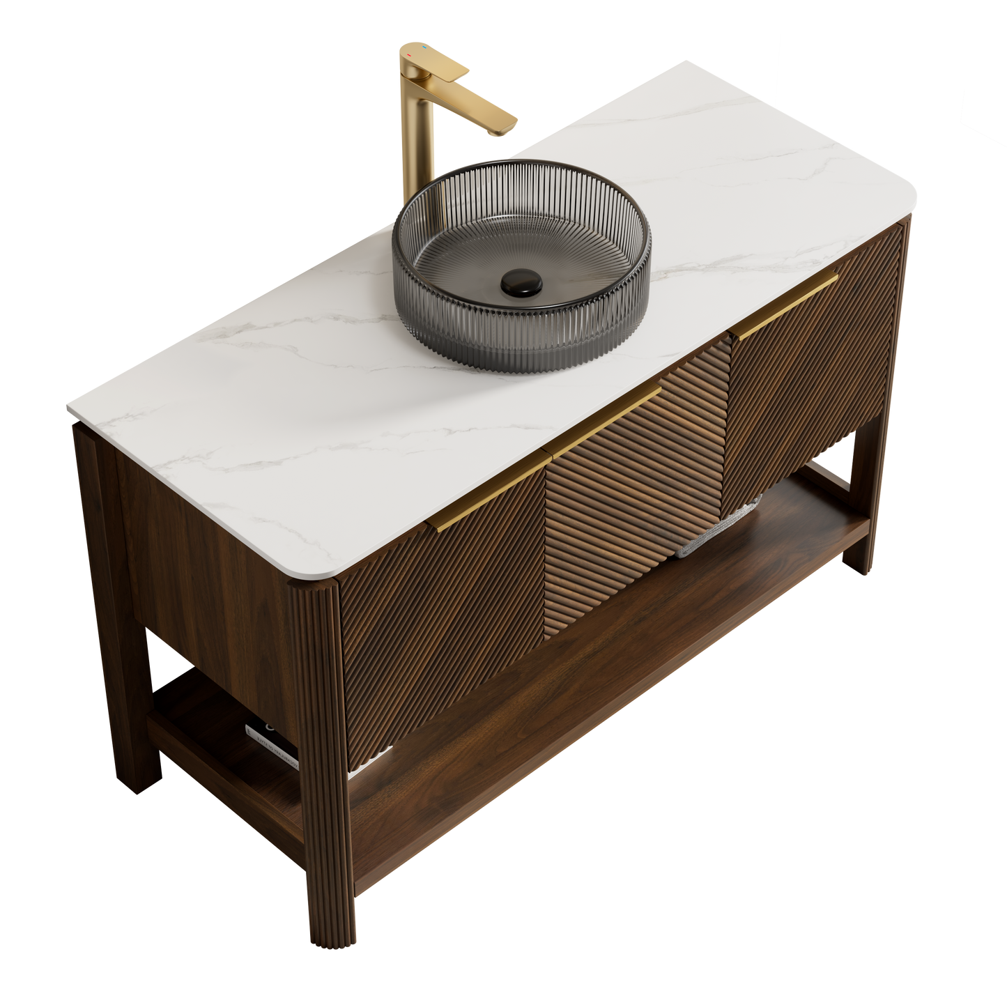 INDIGO 36" Bathroom Vanity&Sink, Freestanding Plywood Storage Cabinet with 2 Diagonal Striped Doors&Open Shelf, Black Transport Glass Basin&Carrara White Sintered Stone Top, Dark Walnut Woodgrain