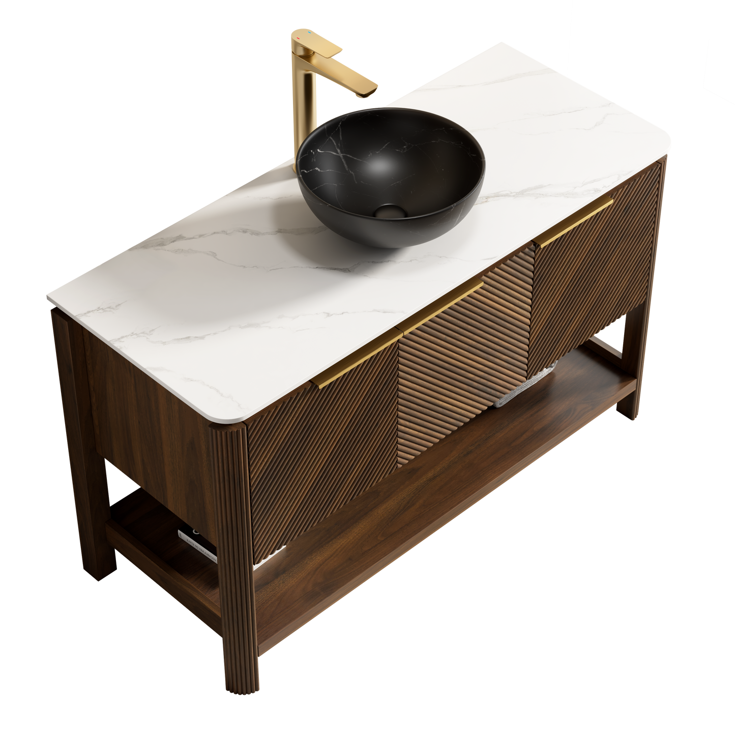 INDIGO 36" Bathroom Vanity&Sink, Freestanding Plywood Storage Cabinet with 2 Diagonal Doors&Open Shelf, Black Stone Pattern Ceramic Basin&Carrara White Sintered Stone Top, Dark Walnut Woodgrain