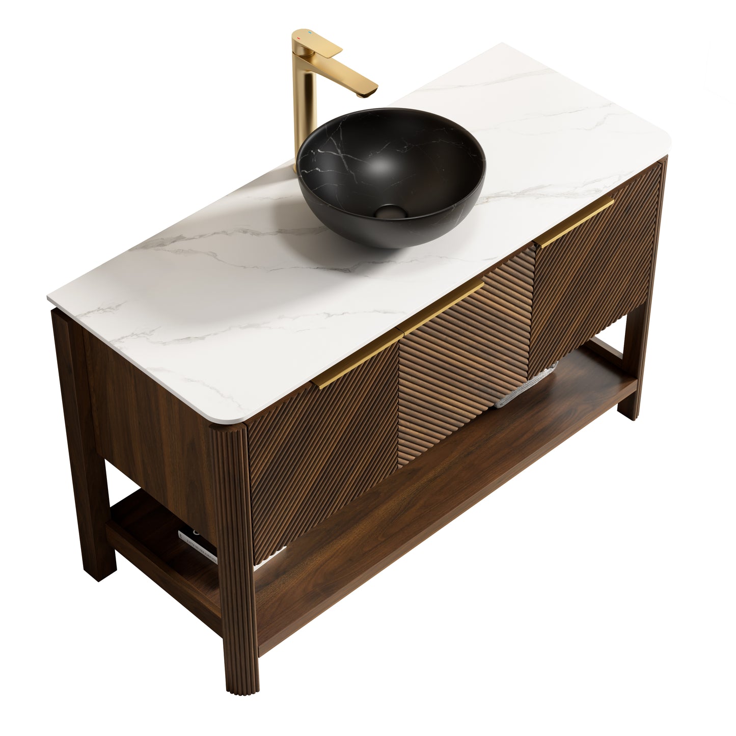 INDIGO 36" Bathroom Vanity&Sink, Freestanding Plywood Storage Cabinet with 2 Diagonal Doors&Open Shelf, Black Stone Pattern Ceramic Basin&Carrara White Sintered Stone Top, Dark Walnut Woodgrain