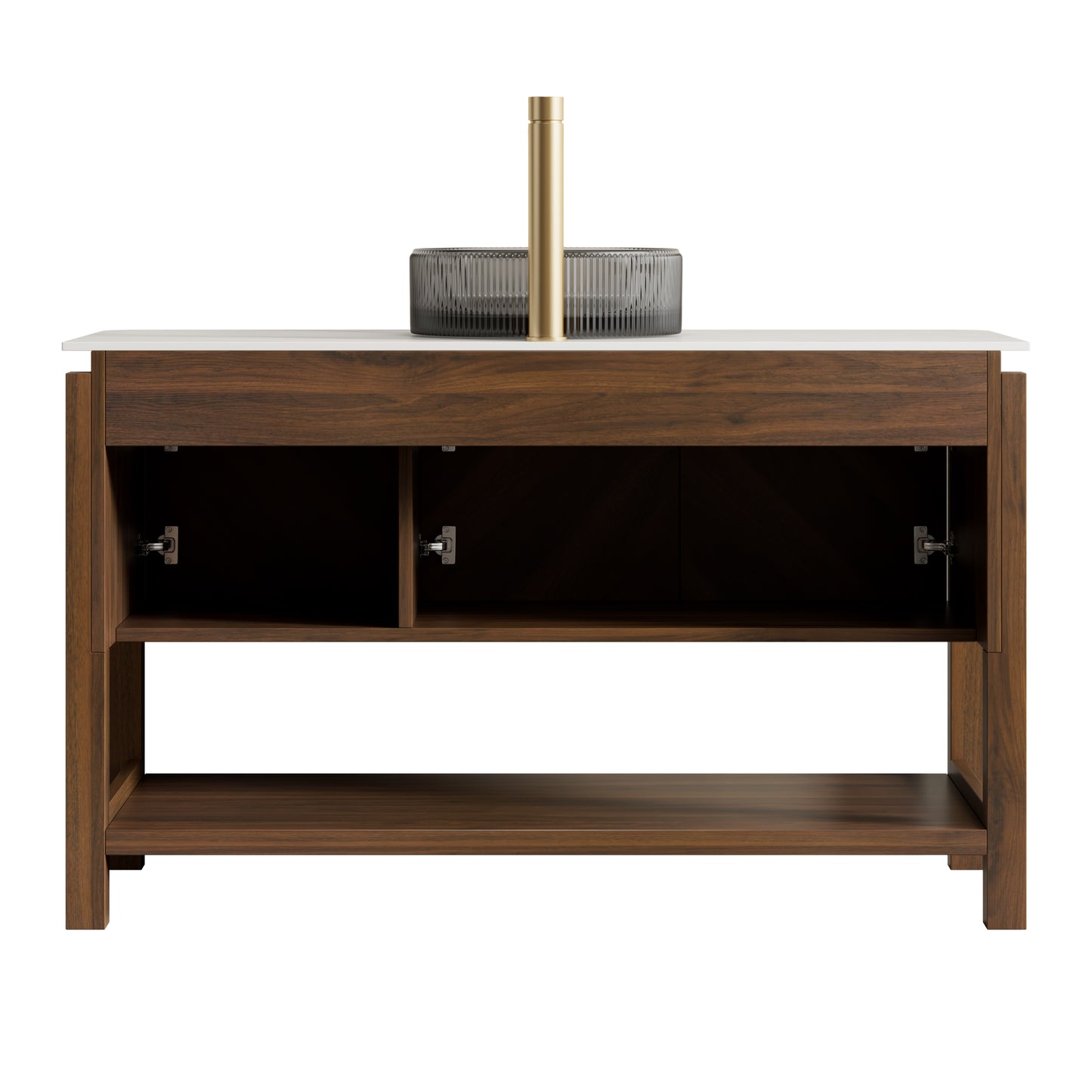 INDIGO 36" Bathroom Vanity&Sink, Freestanding Plywood Storage Cabinet with 2 Diagonal Striped Doors&Open Shelf, Black Transport Glass Basin&Carrara White Sintered Stone Top, Dark Walnut Woodgrain
