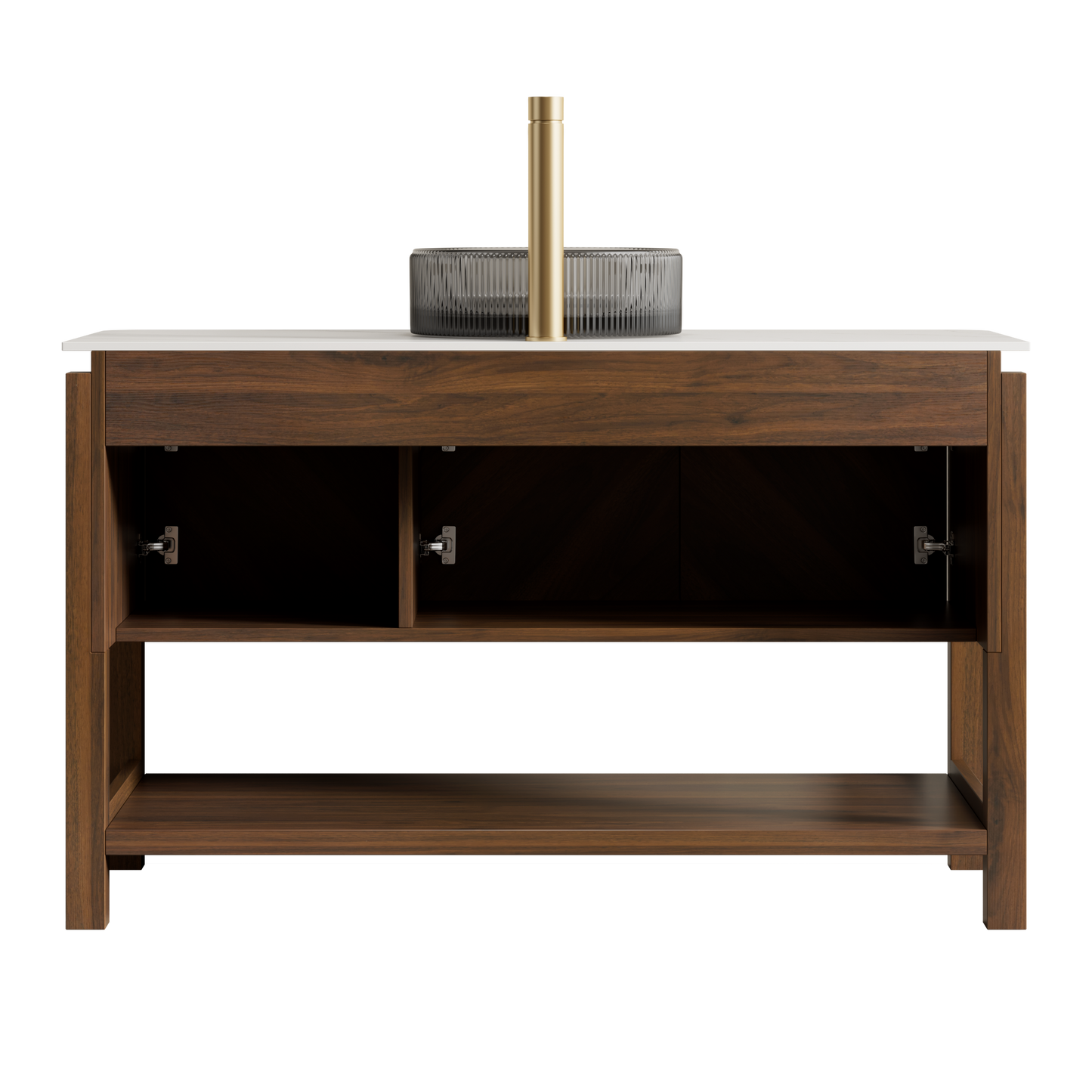 INDIGO 36" Bathroom Vanity&Sink, Freestanding Plywood Storage Cabinet with 2 Diagonal Striped Doors&Open Shelf, Black Transport Glass Basin&Carrara White Sintered Stone Top, Dark Walnut Woodgrain