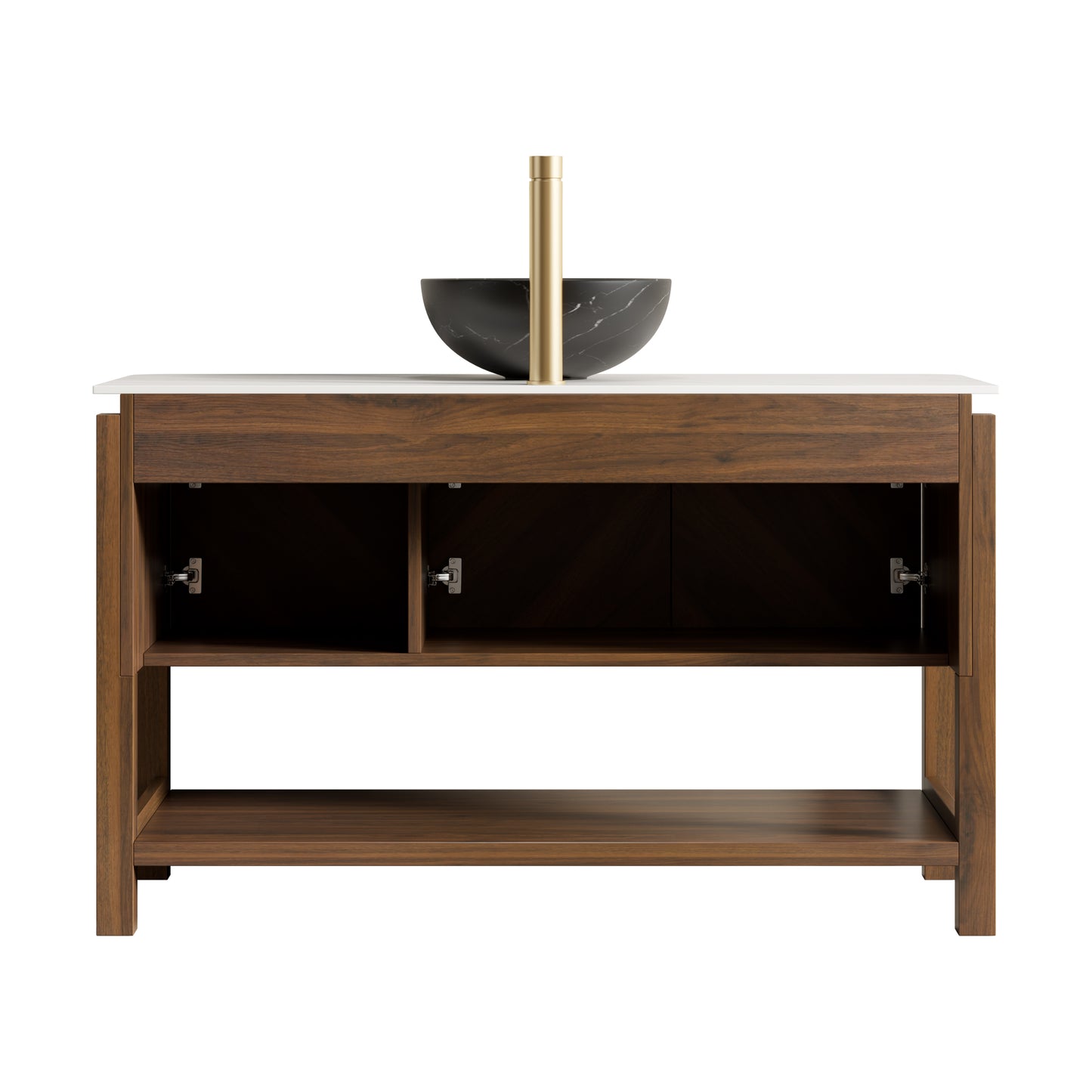 INDIGO 36" Bathroom Vanity&Sink, Freestanding Plywood Storage Cabinet with 2 Diagonal Doors&Open Shelf, Black Stone Pattern Ceramic Basin&Carrara White Sintered Stone Top, Dark Walnut Woodgrain