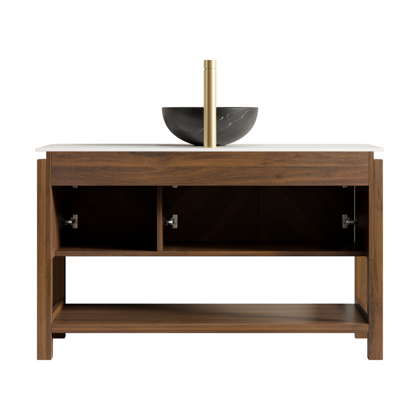 INDIGO 36" Bathroom Vanity&Sink, Freestanding Plywood Storage Cabinet with 2 Diagonal Doors&Open Shelf, Black Stone Pattern Ceramic Basin&Carrara White Sintered Stone Top, Dark Walnut Woodgrain