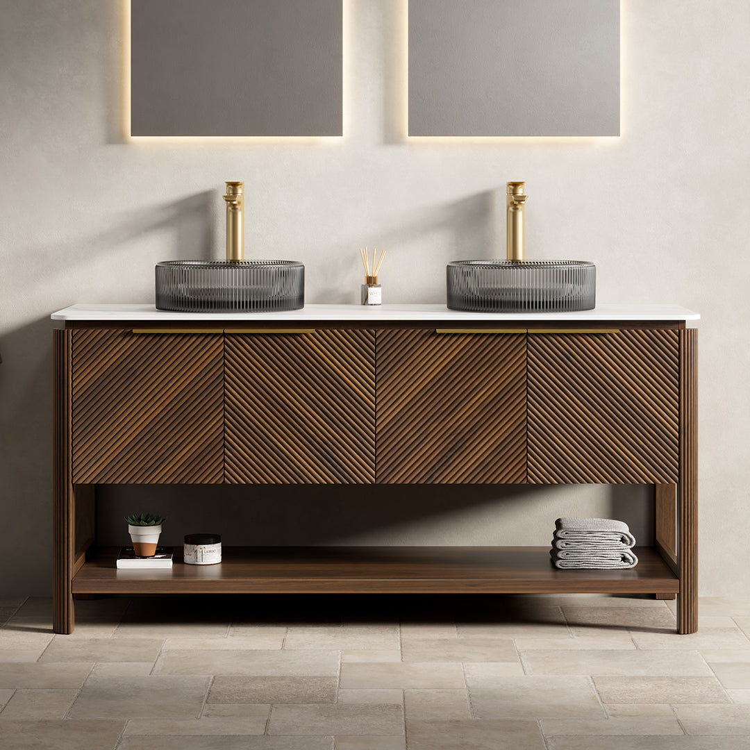 INDIGO 36" Bathroom Vanity&Sink, Freestanding Plywood Storage Cabinet with 2 Diagonal Striped Doors&Open Shelf, Black Transport Glass Basin&Carrara White Sintered Stone Top, Dark Walnut Woodgrain