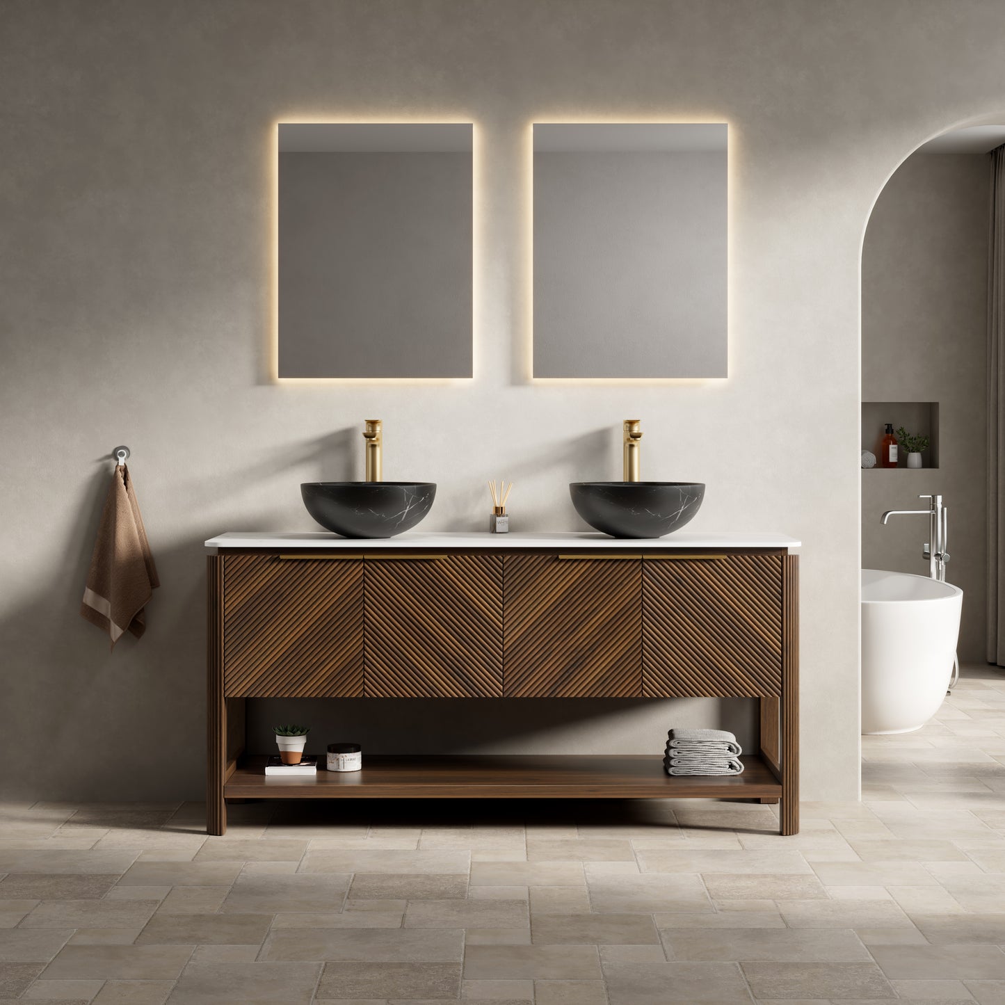 INDIGO 36" Bathroom Vanity&Sink, Freestanding Plywood Storage Cabinet with 2 Diagonal Doors&Open Shelf, Black Stone Pattern Ceramic Basin&Carrara White Sintered Stone Top, Dark Walnut Woodgrain