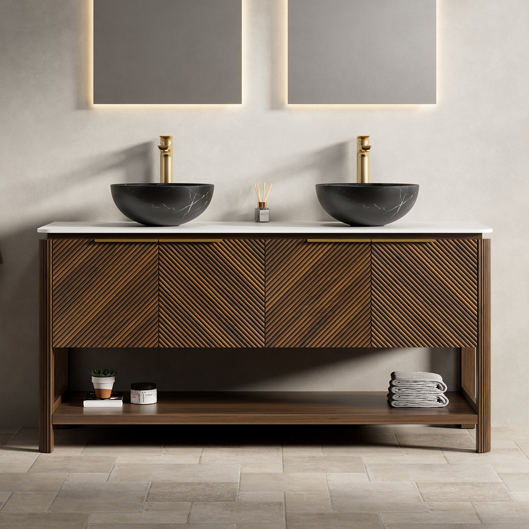 INDIGO 36" Bathroom Vanity&Sink, Freestanding Plywood Storage Cabinet with 2 Diagonal Doors&Open Shelf, Black Stone Pattern Ceramic Basin&Carrara White Sintered Stone Top, Dark Walnut Woodgrain