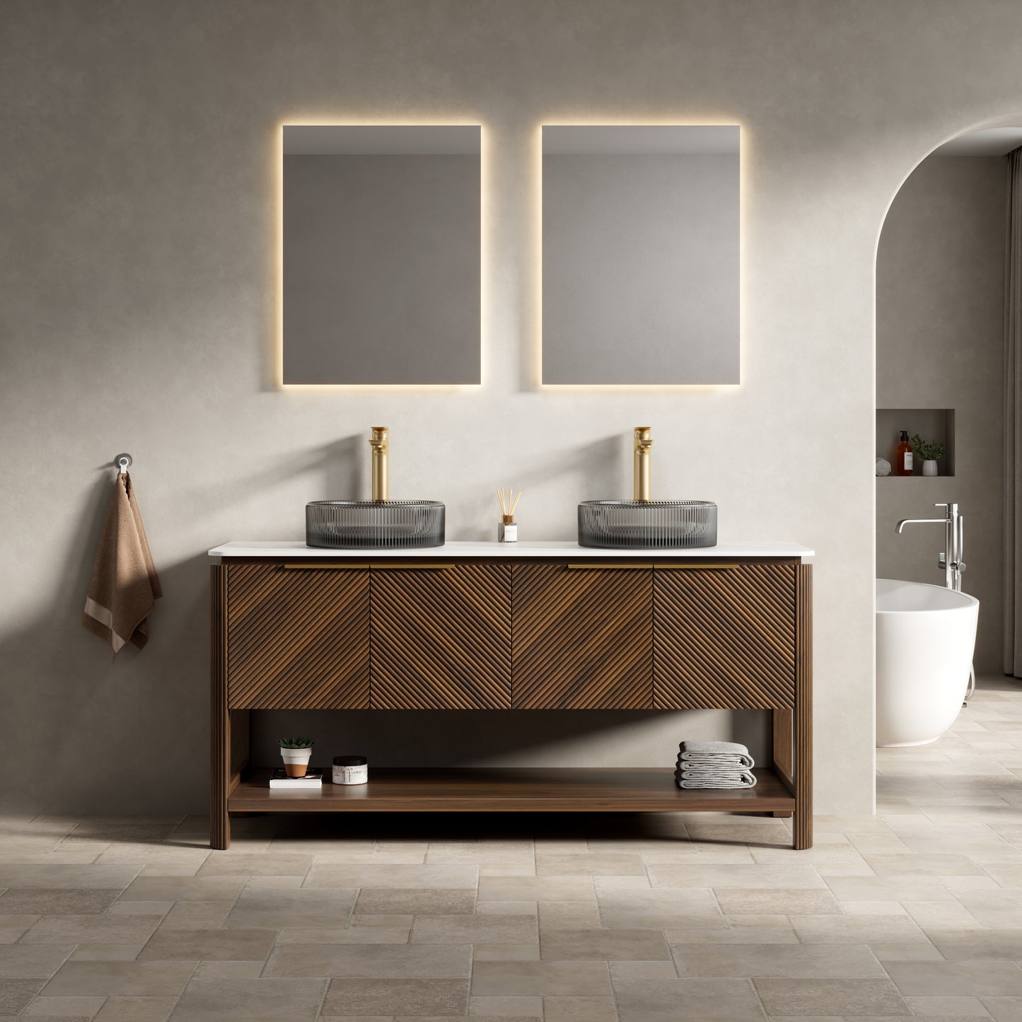 INDIGO 36" Bathroom Vanity&Sink, Freestanding Plywood Storage Cabinet with 2 Diagonal Striped Doors&Open Shelf, Black Transport Glass Basin&Carrara White Sintered Stone Top, Dark Walnut Woodgrain