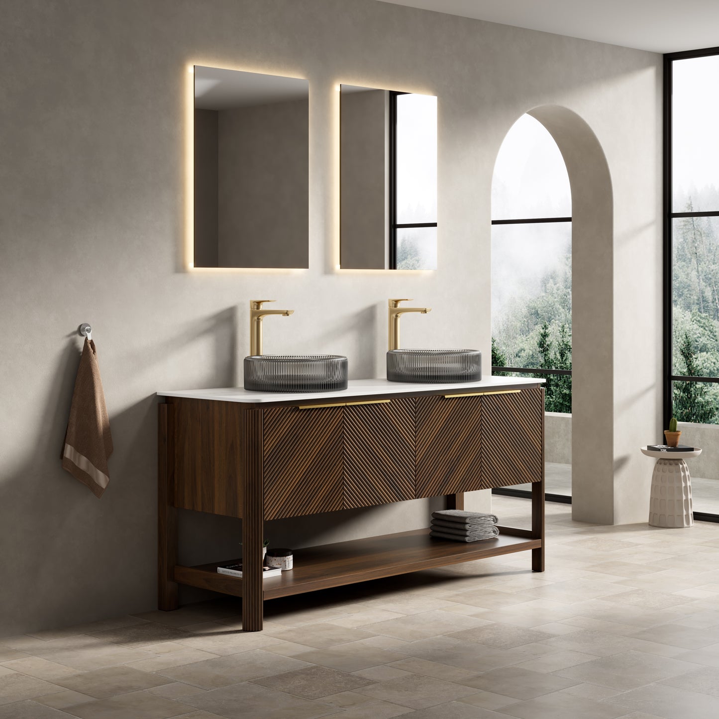 INDIGO 36" Bathroom Vanity&Sink, Freestanding Plywood Storage Cabinet with 2 Diagonal Striped Doors&Open Shelf, Black Transport Glass Basin&Carrara White Sintered Stone Top, Dark Walnut Woodgrain
