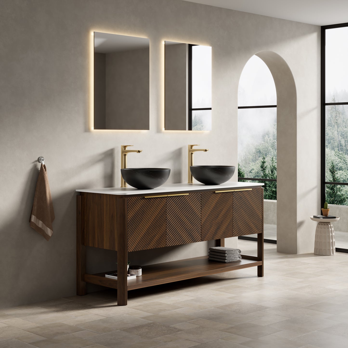 INDIGO 36" Bathroom Vanity&Sink, Freestanding Plywood Storage Cabinet with 2 Diagonal Doors&Open Shelf, Black Stone Pattern Ceramic Basin&Carrara White Sintered Stone Top, Dark Walnut Woodgrain