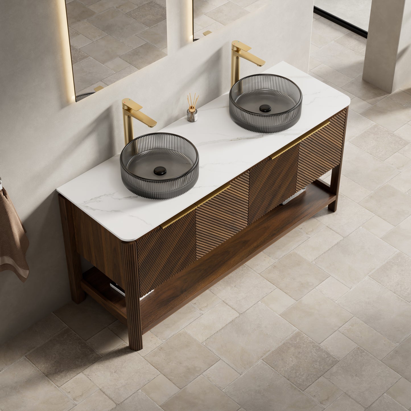 INDIGO 36" Bathroom Vanity&Sink, Freestanding Plywood Storage Cabinet with 2 Diagonal Striped Doors&Open Shelf, Black Transport Glass Basin&Carrara White Sintered Stone Top, Dark Walnut Woodgrain