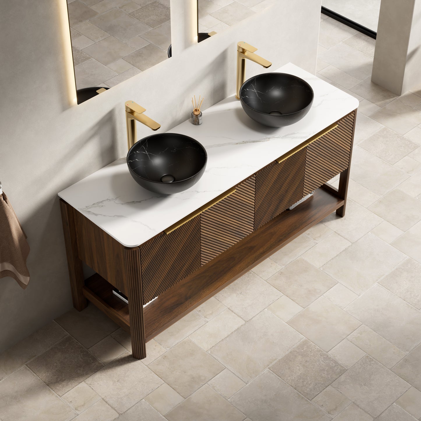 INDIGO 36" Bathroom Vanity&Sink, Freestanding Plywood Storage Cabinet with 2 Diagonal Doors&Open Shelf, Black Stone Pattern Ceramic Basin&Carrara White Sintered Stone Top, Dark Walnut Woodgrain