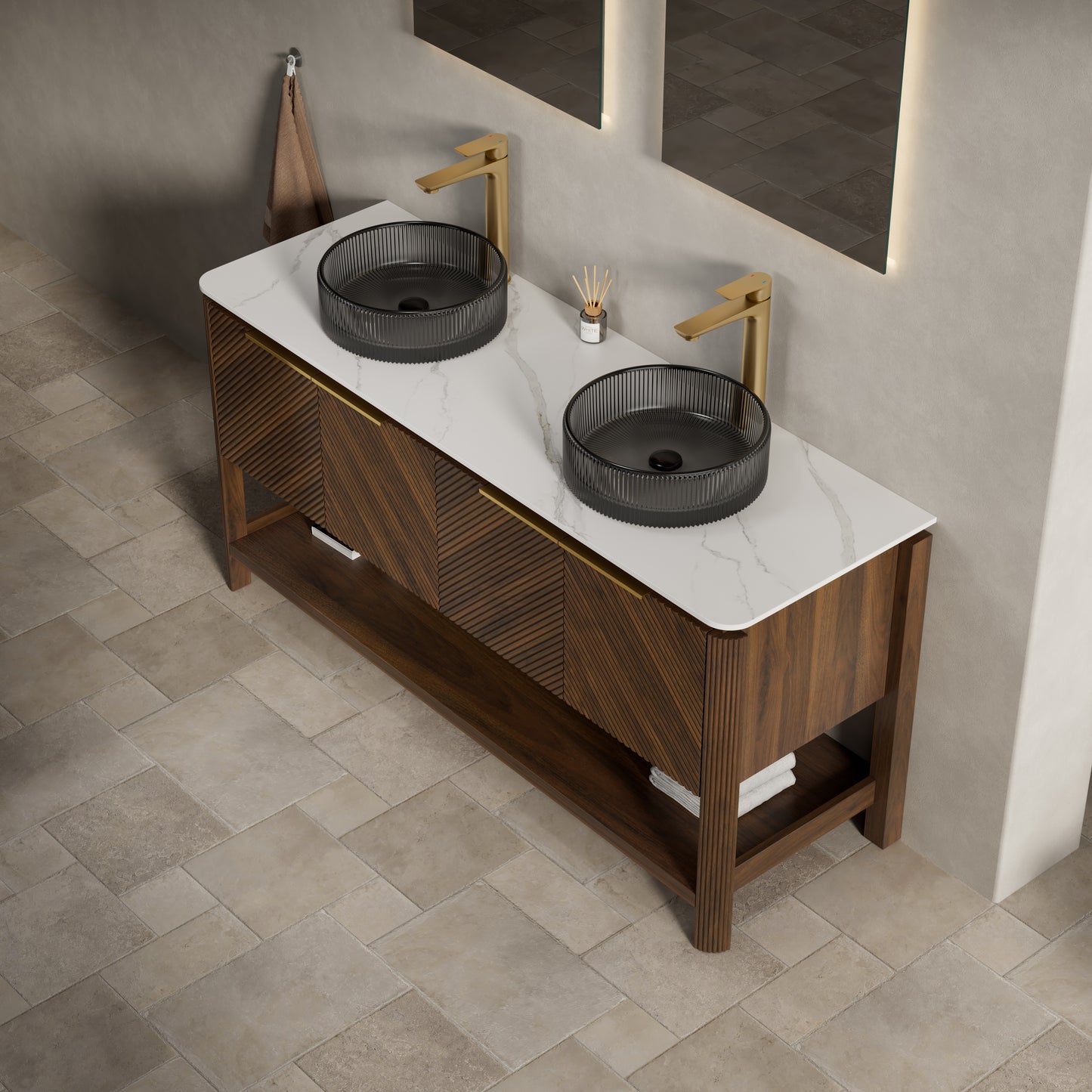 INDIGO 36" Bathroom Vanity&Sink, Freestanding Plywood Storage Cabinet with 2 Diagonal Striped Doors&Open Shelf, Black Transport Glass Basin&Carrara White Sintered Stone Top, Dark Walnut Woodgrain