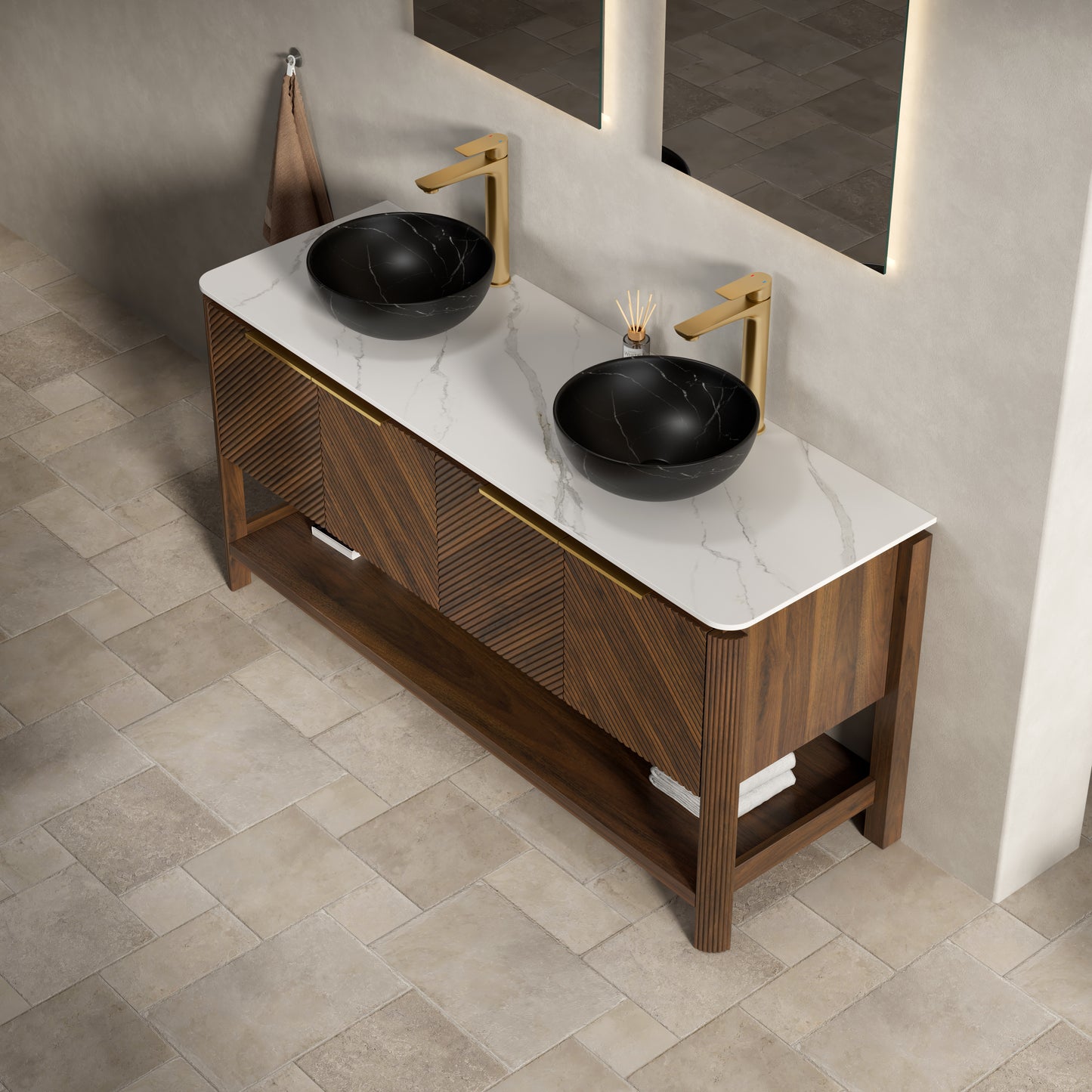 INDIGO 36" Bathroom Vanity&Sink, Freestanding Plywood Storage Cabinet with 2 Diagonal Doors&Open Shelf, Black Stone Pattern Ceramic Basin&Carrara White Sintered Stone Top, Dark Walnut Woodgrain