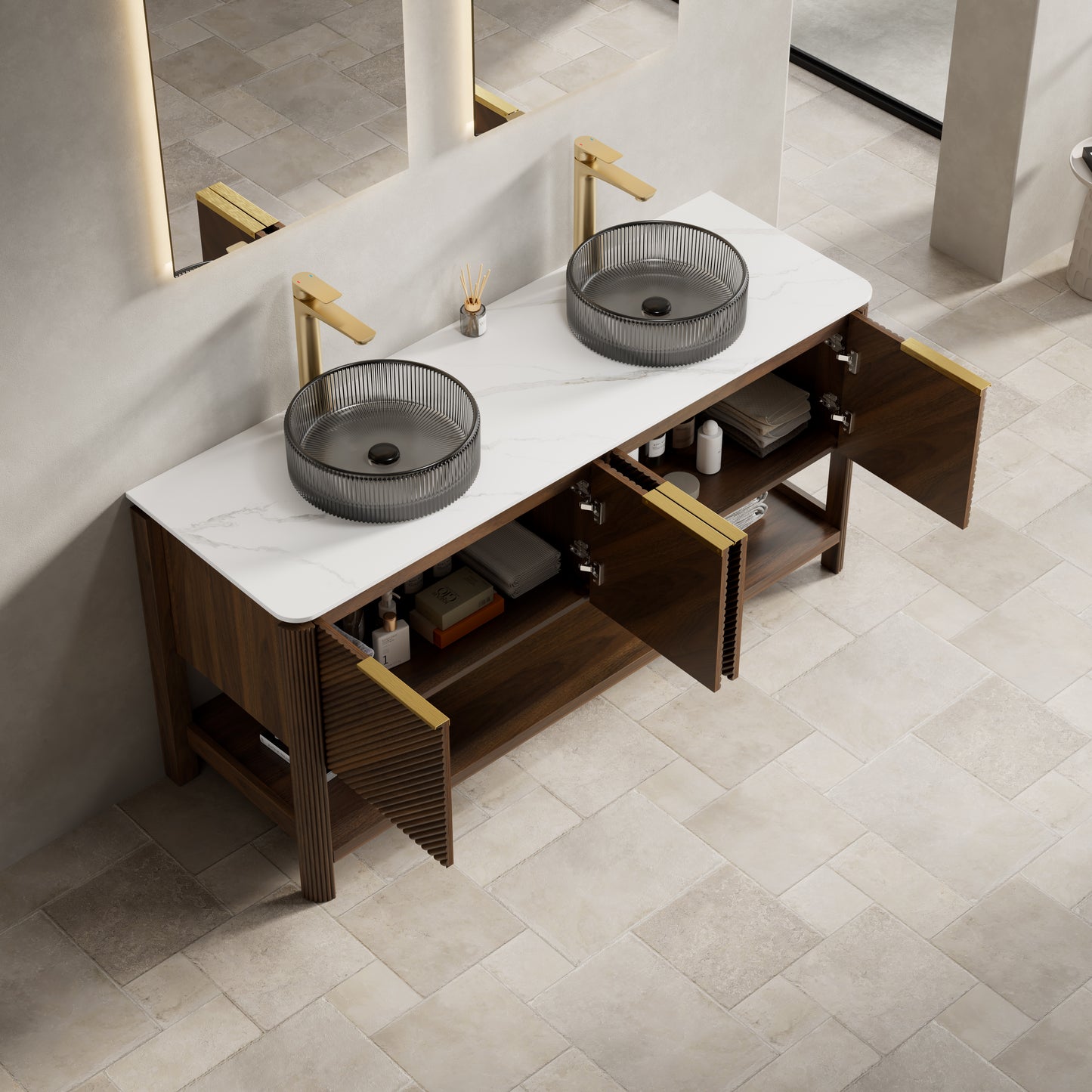 INDIGO 36" Bathroom Vanity&Sink, Freestanding Plywood Storage Cabinet with 2 Diagonal Striped Doors&Open Shelf, Black Transport Glass Basin&Carrara White Sintered Stone Top, Dark Walnut Woodgrain
