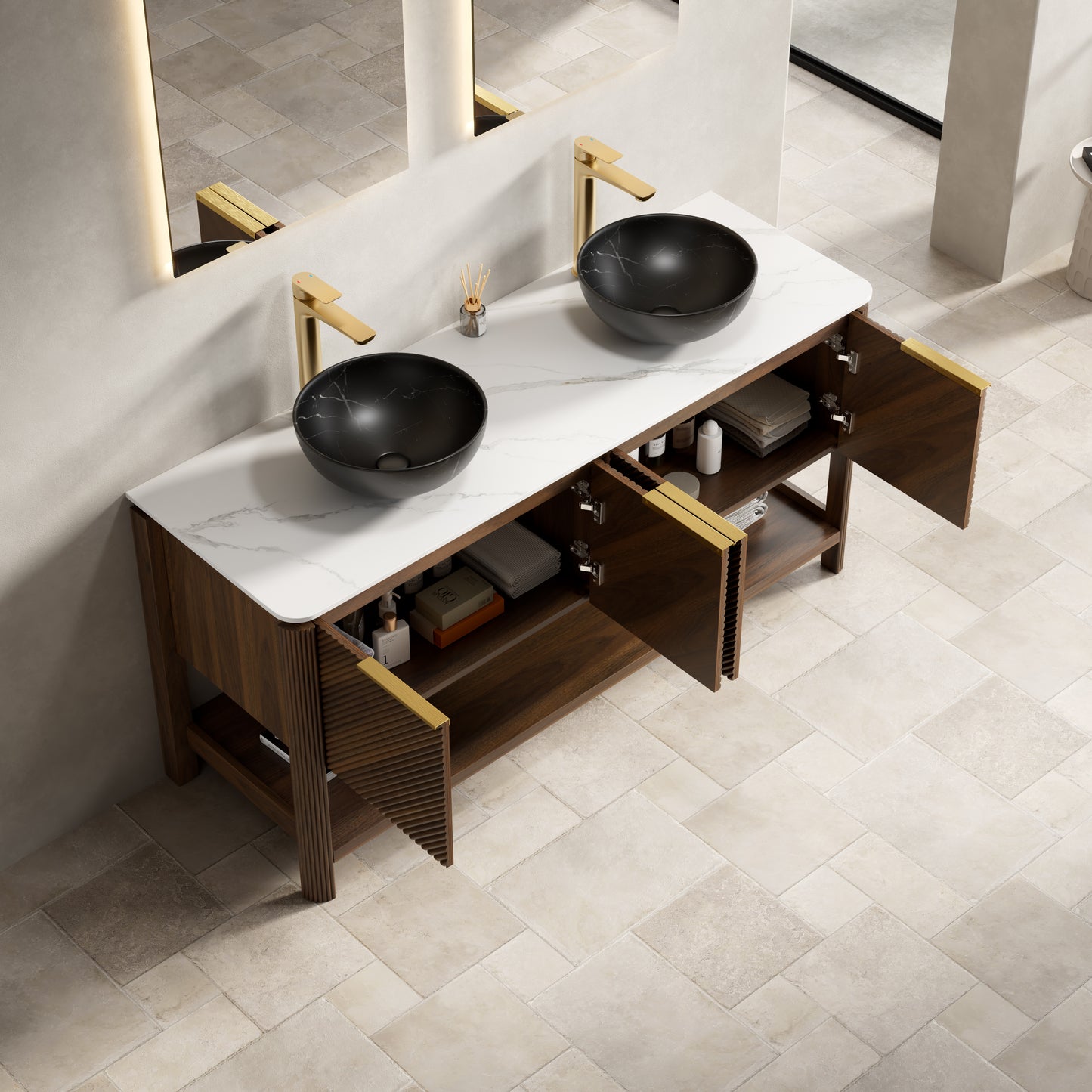 INDIGO 36" Bathroom Vanity&Sink, Freestanding Plywood Storage Cabinet with 2 Diagonal Doors&Open Shelf, Black Stone Pattern Ceramic Basin&Carrara White Sintered Stone Top, Dark Walnut Woodgrain