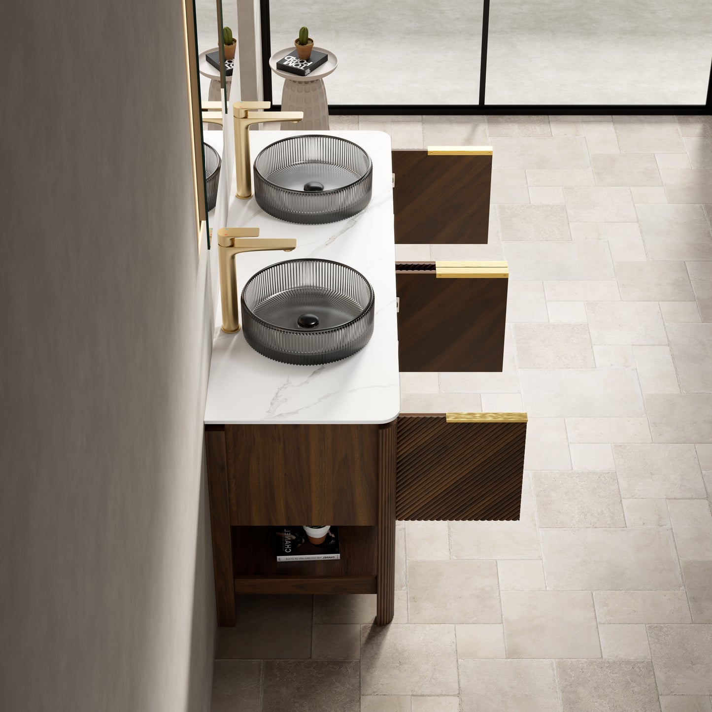INDIGO 36" Bathroom Vanity&Sink, Freestanding Plywood Storage Cabinet with 2 Diagonal Striped Doors&Open Shelf, Black Transport Glass Basin&Carrara White Sintered Stone Top, Dark Walnut Woodgrain