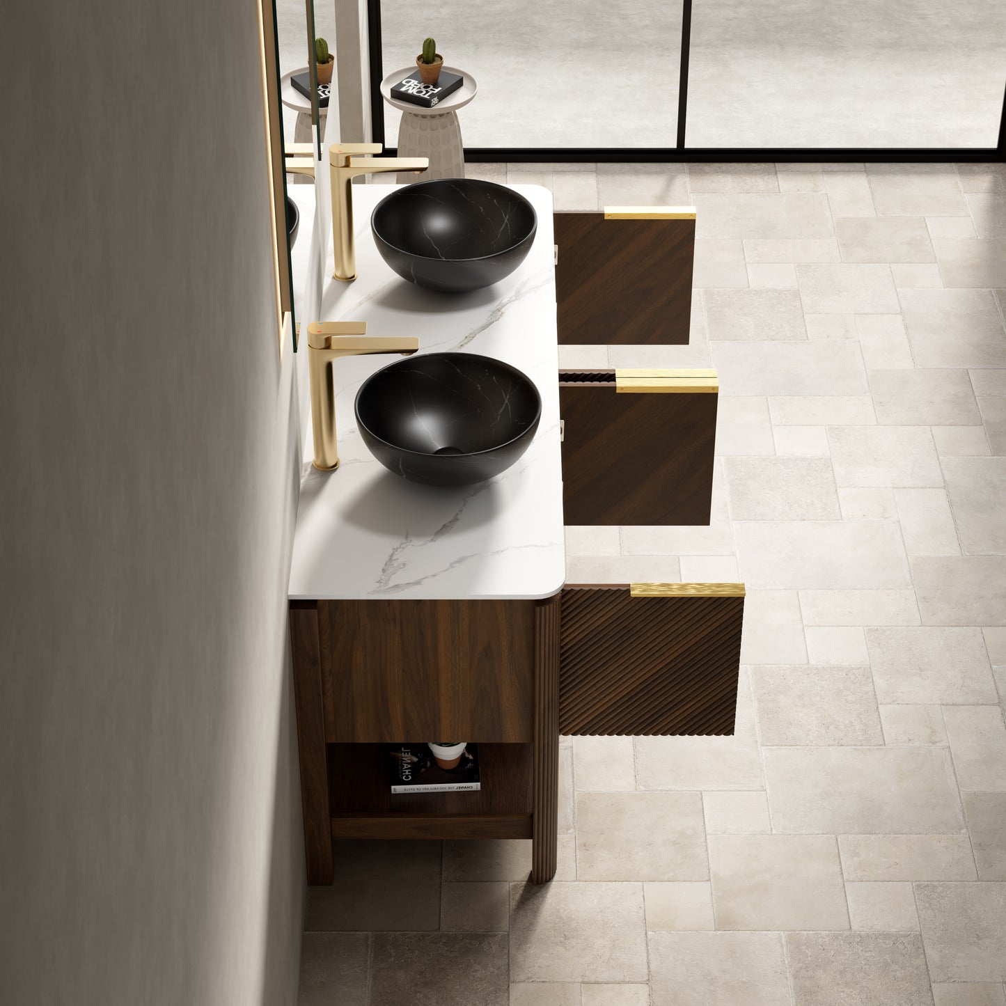INDIGO 36" Bathroom Vanity&Sink, Freestanding Plywood Storage Cabinet with 2 Diagonal Doors&Open Shelf, Black Stone Pattern Ceramic Basin&Carrara White Sintered Stone Top, Dark Walnut Woodgrain