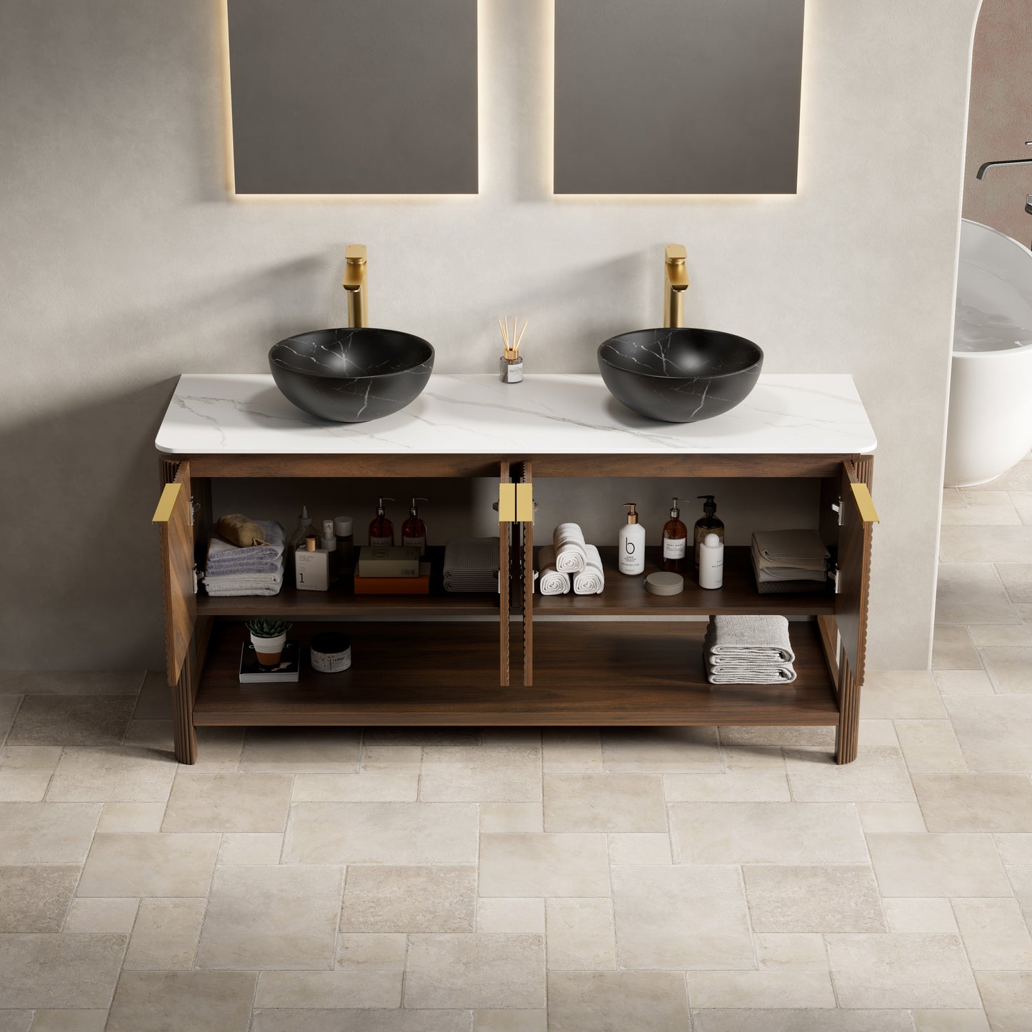 INDIGO 36" Bathroom Vanity&Sink, Freestanding Plywood Storage Cabinet with 2 Diagonal Doors&Open Shelf, Black Stone Pattern Ceramic Basin&Carrara White Sintered Stone Top, Dark Walnut Woodgrain