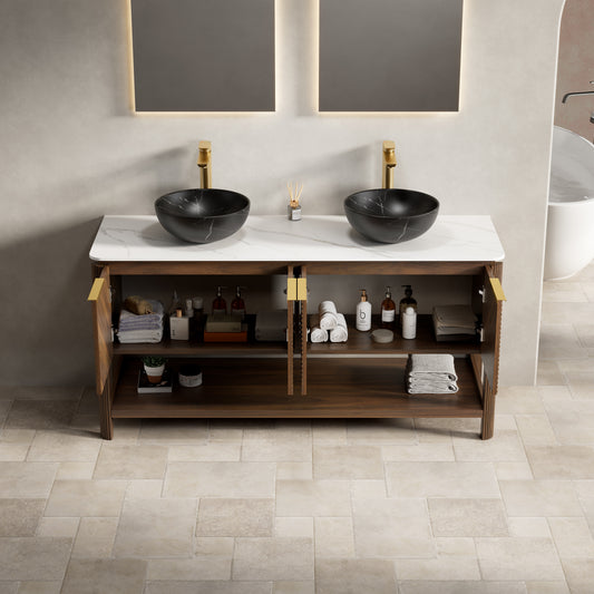 INDIGO 36" Bathroom Vanity&Sink, Freestanding Plywood Storage Cabinet with 2 Diagonal Doors&Open Shelf, Black Stone Pattern Ceramic Basin&Carrara White Sintered Stone Top, Dark Walnut Woodgrain