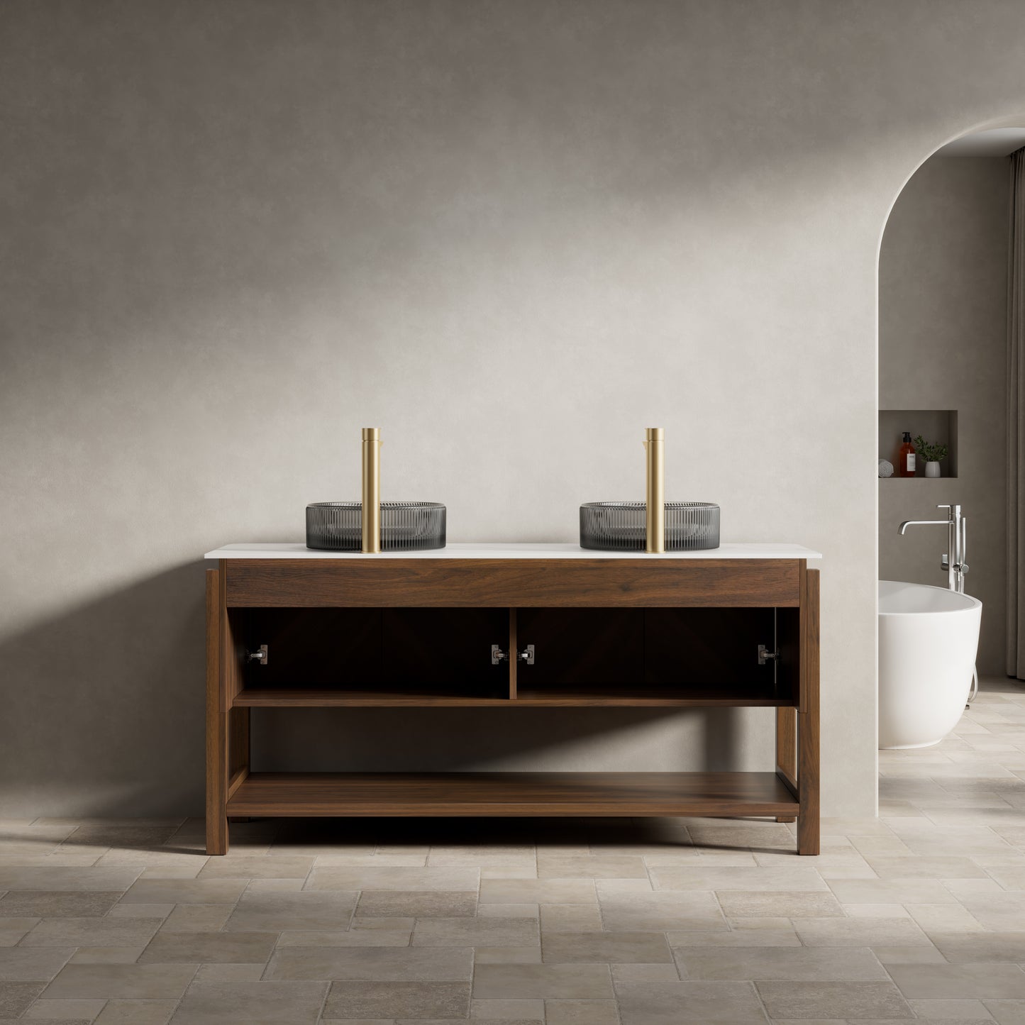 INDIGO 36" Bathroom Vanity&Sink, Freestanding Plywood Storage Cabinet with 2 Diagonal Striped Doors&Open Shelf, Black Transport Glass Basin&Carrara White Sintered Stone Top, Dark Walnut Woodgrain