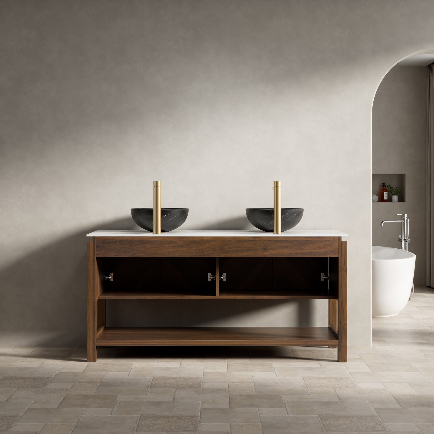 INDIGO 36" Bathroom Vanity&Sink, Freestanding Plywood Storage Cabinet with 2 Diagonal Doors&Open Shelf, Black Stone Pattern Ceramic Basin&Carrara White Sintered Stone Top, Dark Walnut Woodgrain