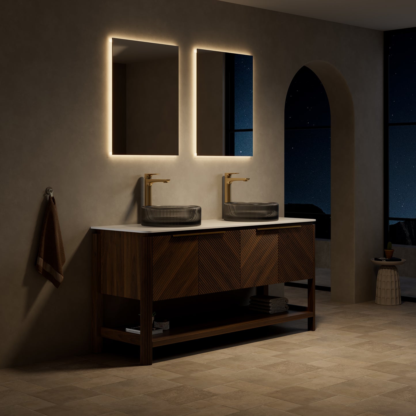 INDIGO 36" Bathroom Vanity&Sink, Freestanding Plywood Storage Cabinet with 2 Diagonal Striped Doors&Open Shelf, Black Transport Glass Basin&Carrara White Sintered Stone Top, Dark Walnut Woodgrain